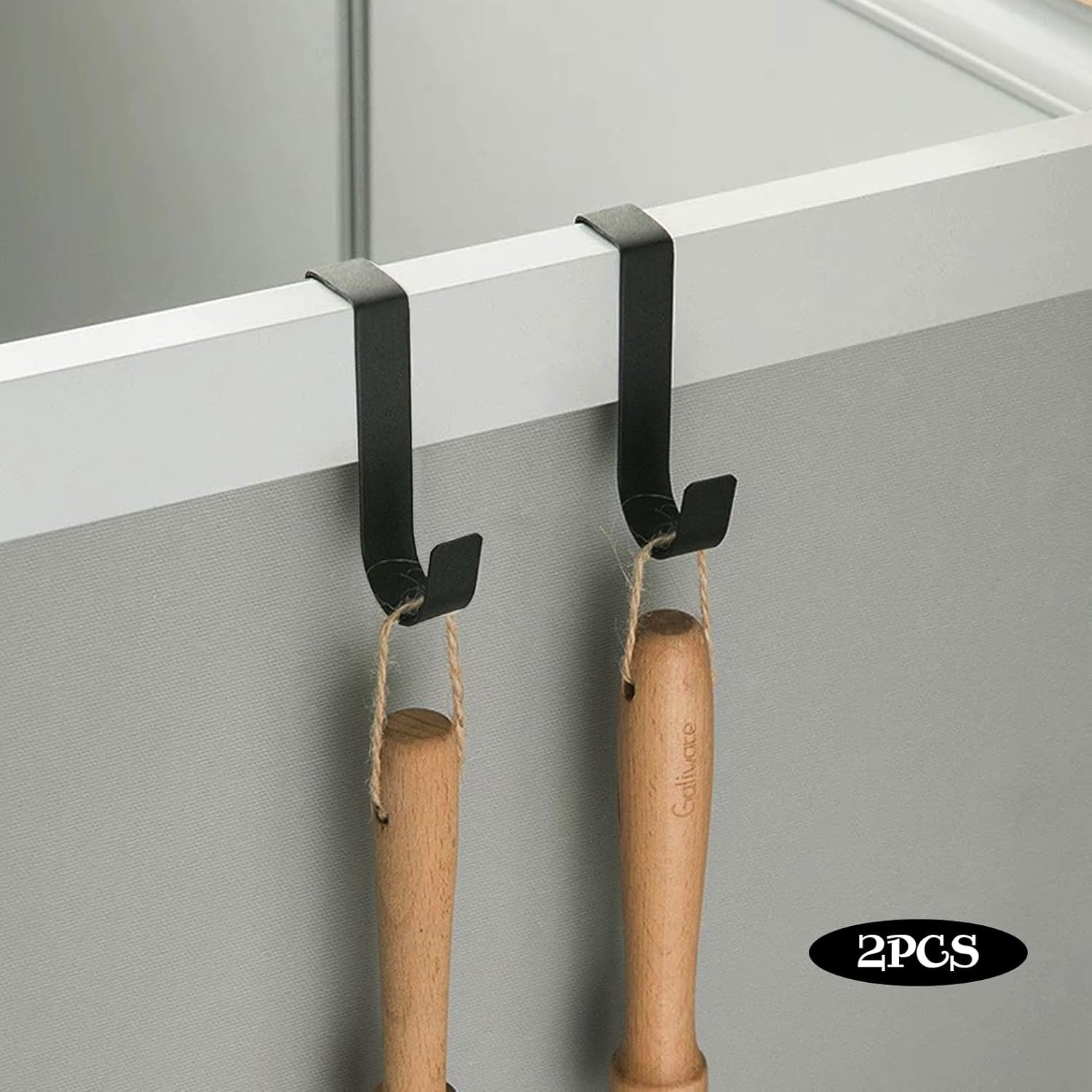 2 Pack Black J-Shape Metal Hooks, No Drill Cabinet Hook Easy to Install Drawer Hook for Small Kitchen Cabinet/Bathroom Drawer/Narrow Door Back