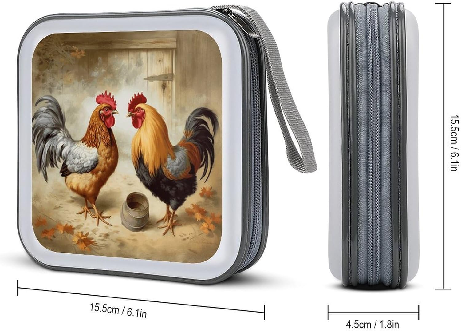 Chicken And Rooster Print CD Case DVD Holder Storage Portable Carrying Binder Holder Wallet Large Storage Disc Wallet Bag Hard Plastic DVD Disc Cases Large Media Binder 40 Capacity