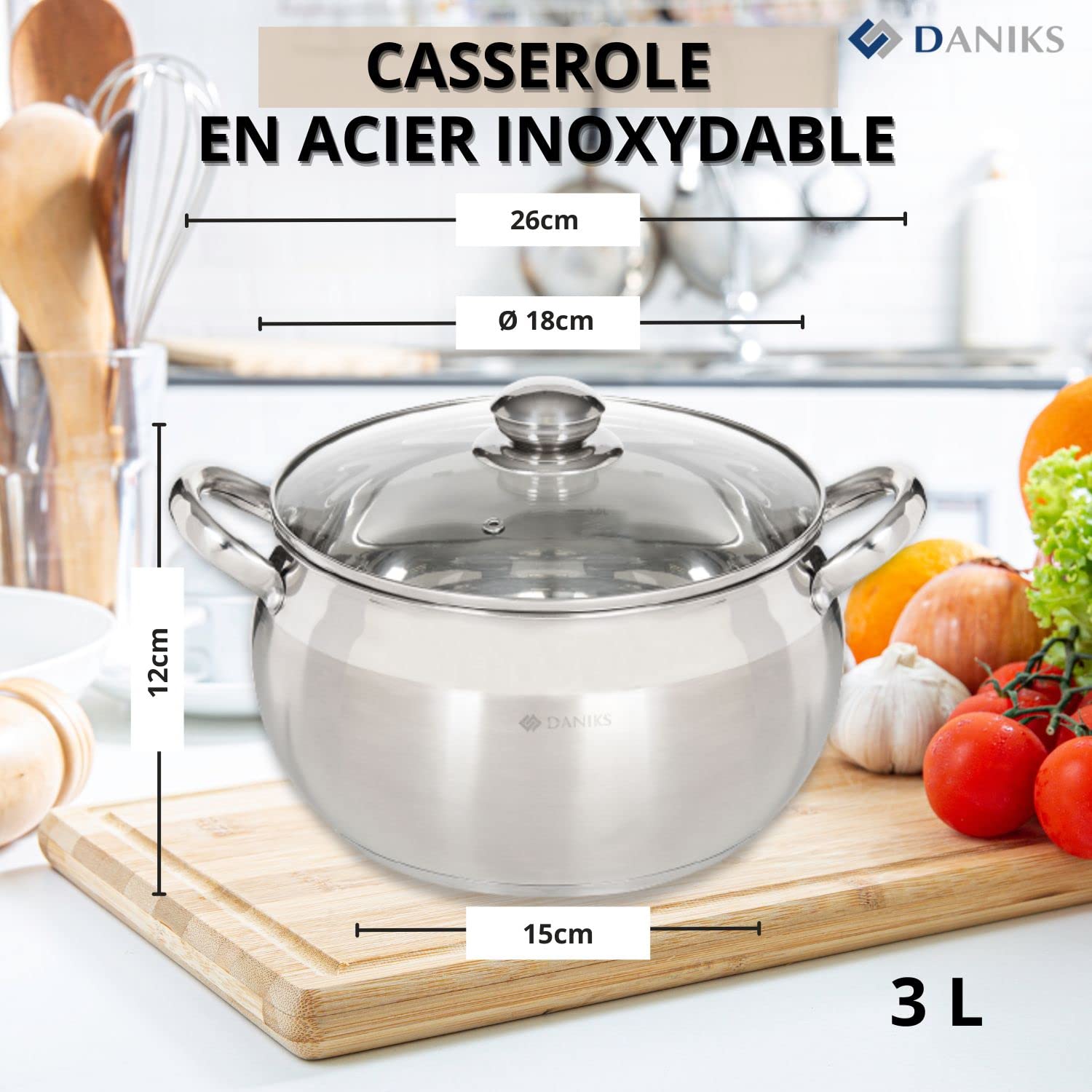 Daniks Classic Faitout en acier inoxydable avec couvercle en verre pour induction 3 l Ø 18 cm