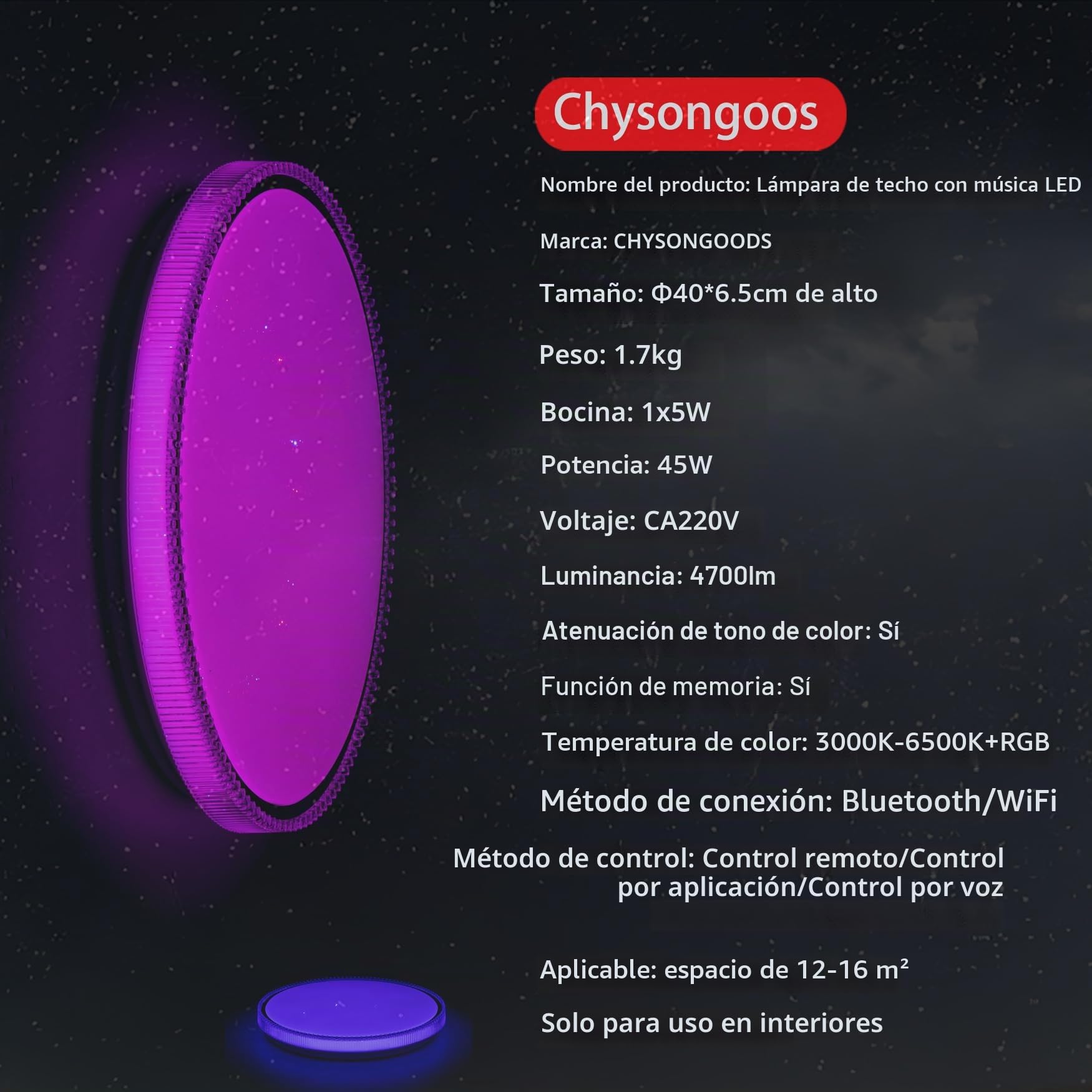Lámpara de techo musical LED BZ de 40 cm, compatible con Alexa, altavoz Bluetooth incorporado, efecto de luz RGB, regulable, con control remoto