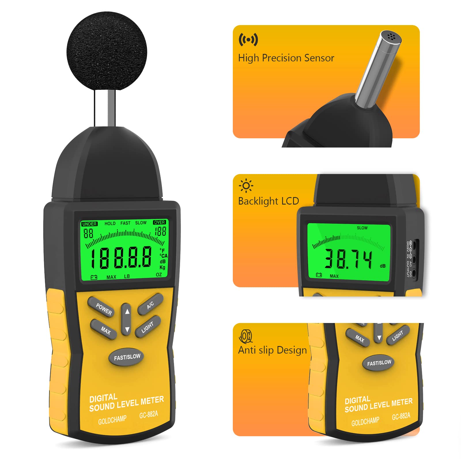 Testeur de décibels, niveau sonore 882A portable 30-130 dB avec écran LCD à 5 chiffres, testeur de bruit dBA/DBC, sélection rapide/lente pour le contrôle de la qualité du son, jaune