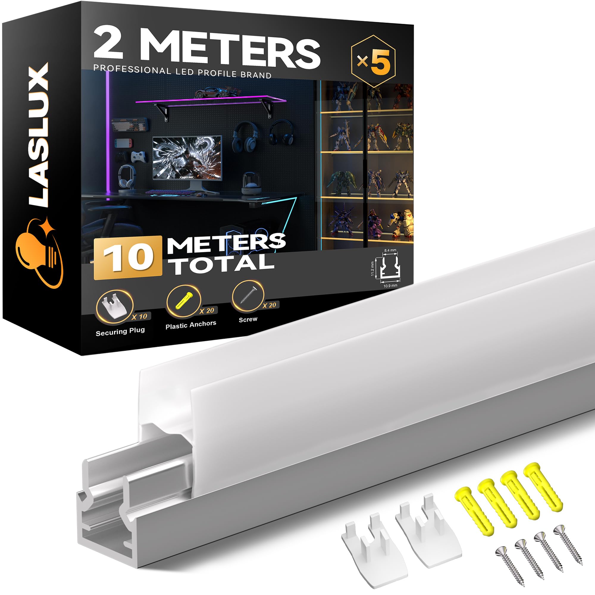 5 x aluminiowy profil aluminiowy 10,9 x 11,2 mm, do listew 5 mm, aluminiowy profil U, z prowadnicą LED i dyfuzorem, nadaje się do szklanych lamp podłogowych