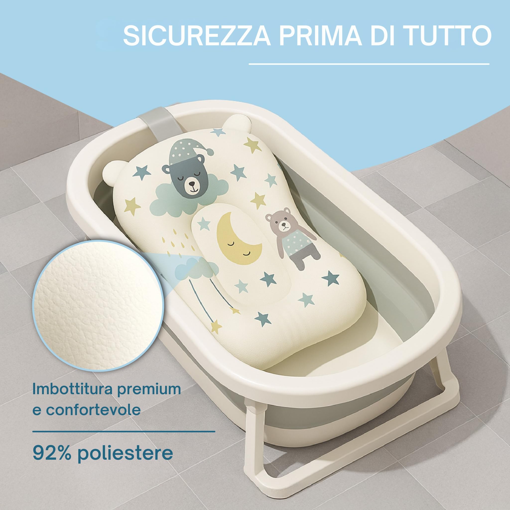 Cuscino per Vasca da Bagno Neonato con Brocca Riduttore Vaschetta Bagnetto Supporto Morbido Universale Materassino Antiscivolo per Neonati Bambino Bianco Blu
