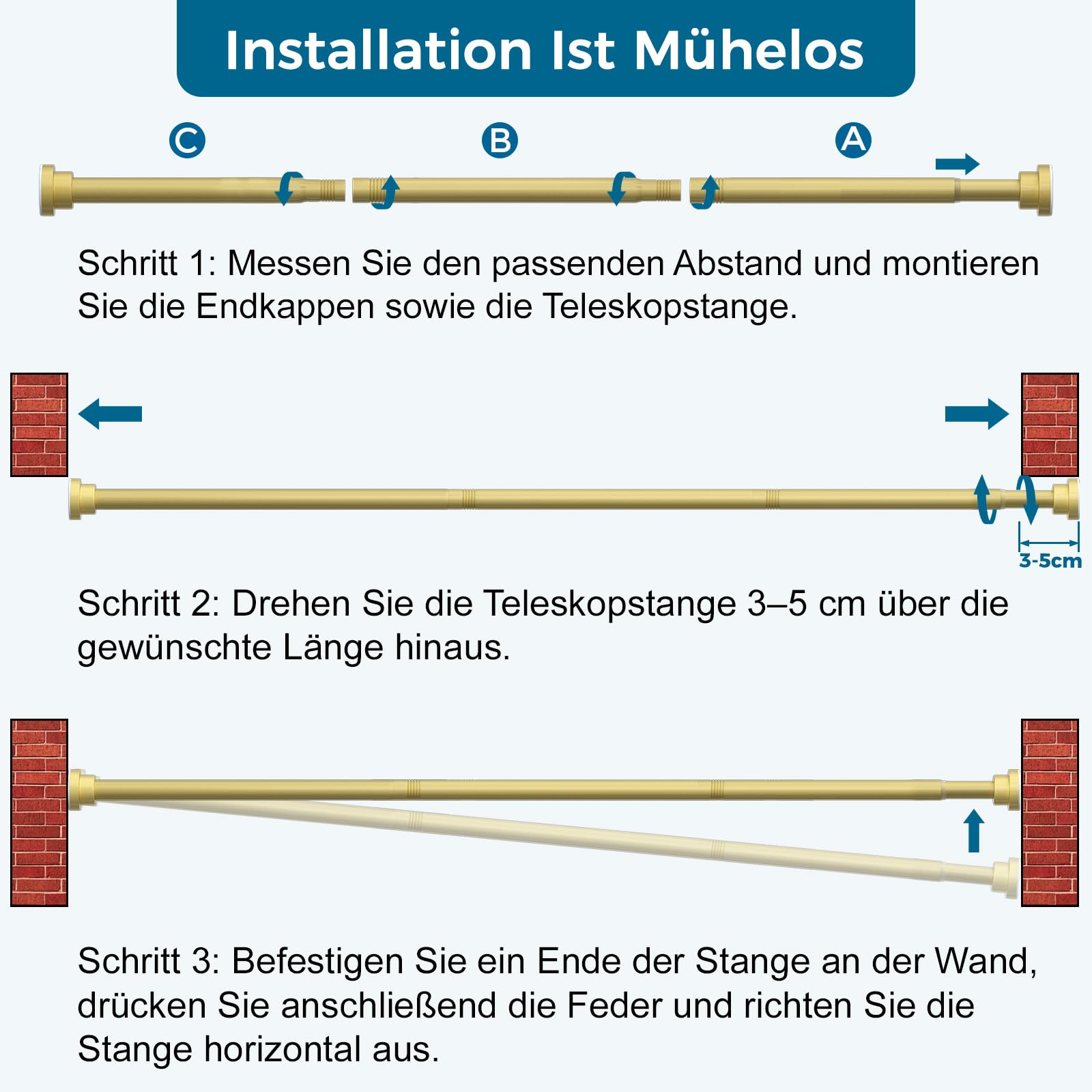 Asta per tende senza fori, 79 – 200 cm, Ø 22 mm, asta doccia a morsetto, asta estensibile per finestre, guardaroba e bagno (oro)