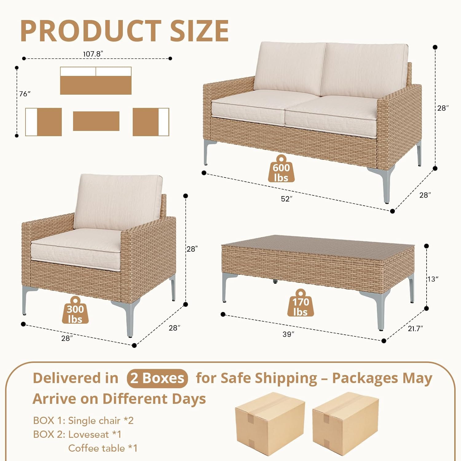 4 Piece Patio Furniture Set, Wicker Modular Outdoor Furniture with Thicker Cushions, Outdoor Couch Sofa for Garden, Poolside, Backyard, Beige