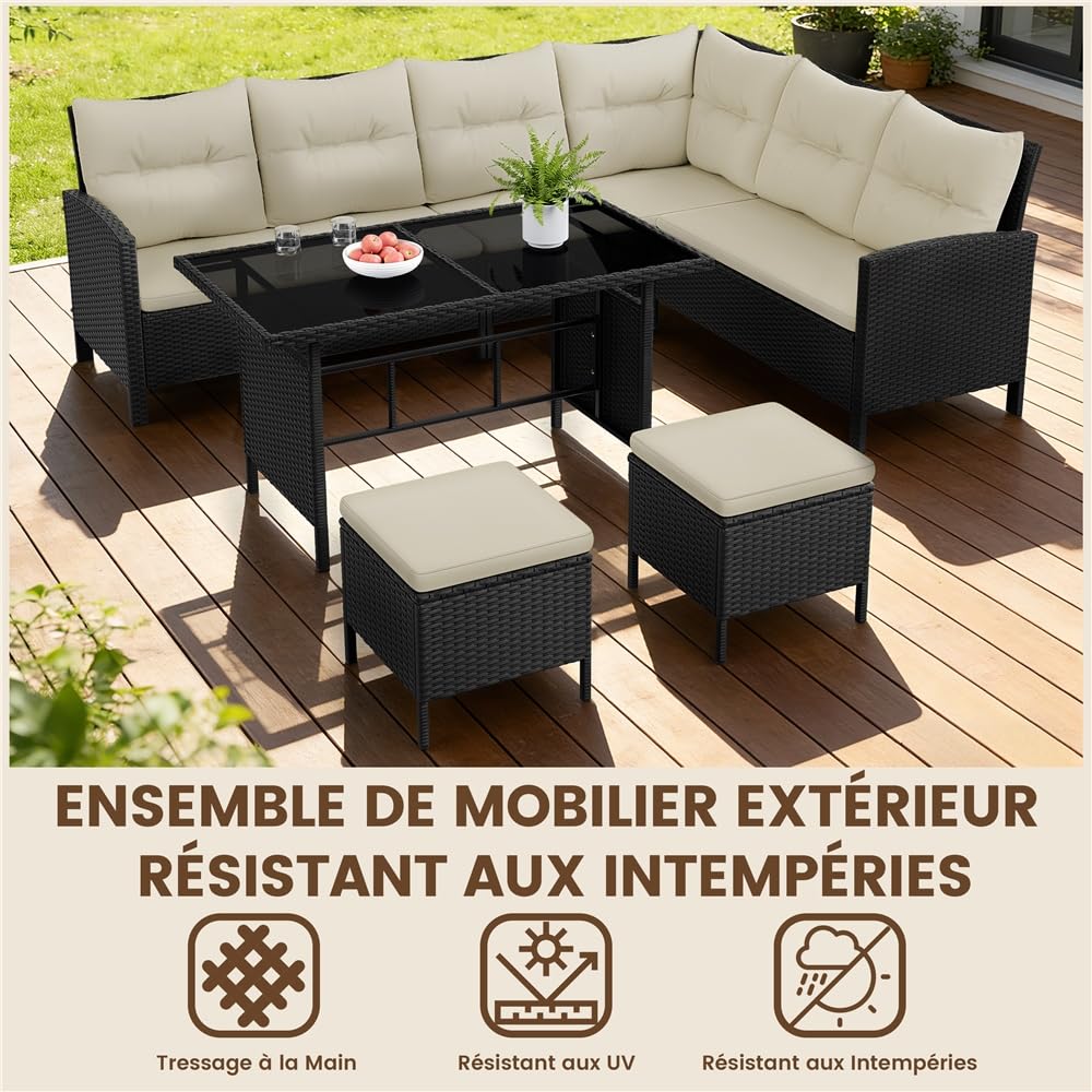 Yaheetech Ensemble Salon de Jardin en polyrotin Lot de Mobilier 4 Pièces Canapés Extérieur avec Table et Ottomans Meubles pour Balcon Terrasse Véranda Salon Noir/Beige
