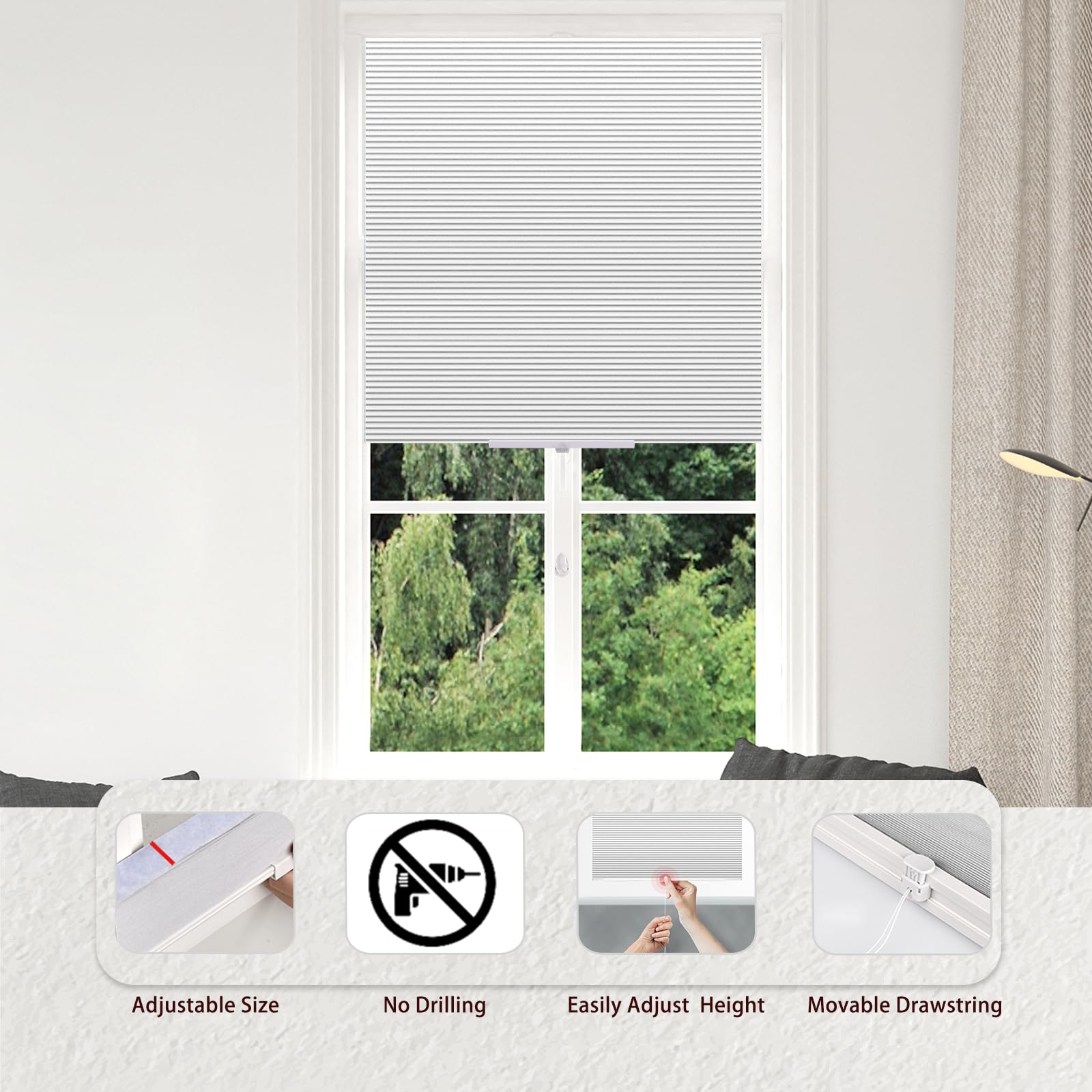 No Drill Blinds Stick On Temporary Blinds Self Adhesive No Screw Adjustable Light Filtering Pleated Paper Blinds For Bathroom Kitchen Bedroom Windows Doors - Image 5