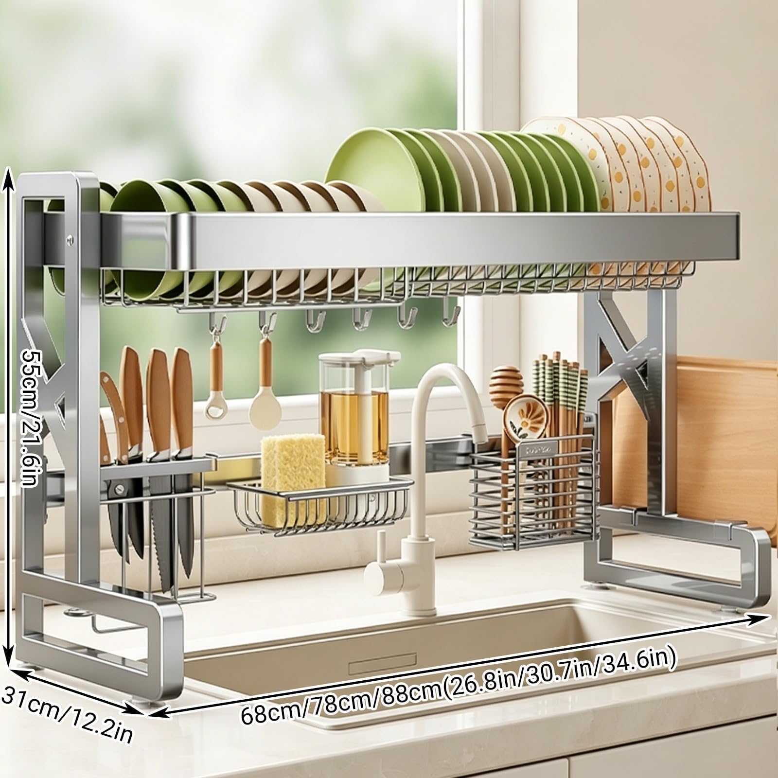 Escurreplatos sobre el Fregadero de Acero Inoxidable 304, Estante Organizador para Fregadero de Cocina, Adecuado para Platos, Vasos, Cuencos y Cubiertos(Single Layer,78cm/30.7in)