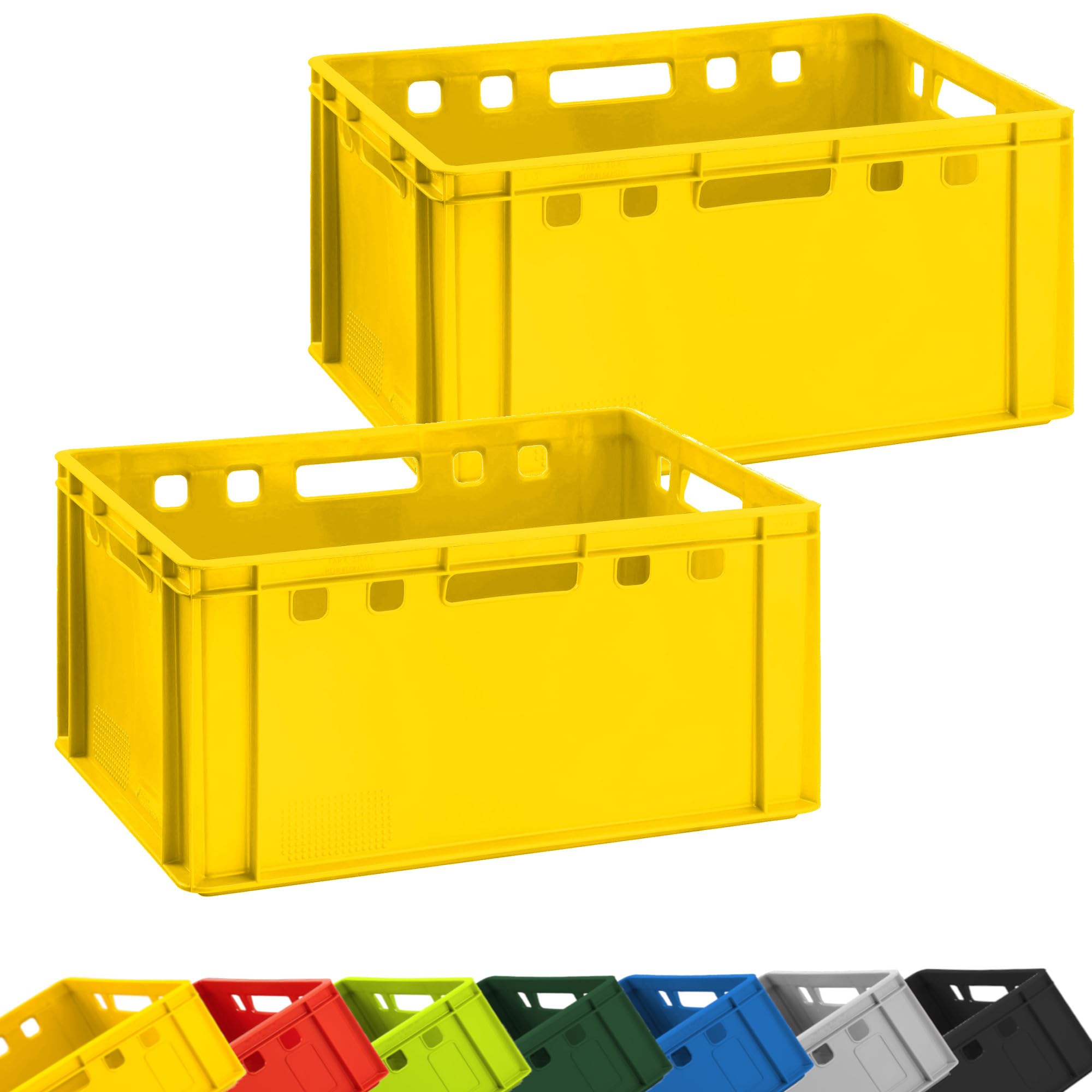 BURI Butcher Crate, 2 x Butcher Crates, 60 x 40 x 30 cm, Storage Box, E3 High, Extremely Robust Stacking Box, Meat Box, Eurobox, Food-Safe, Stackable (Yellow)