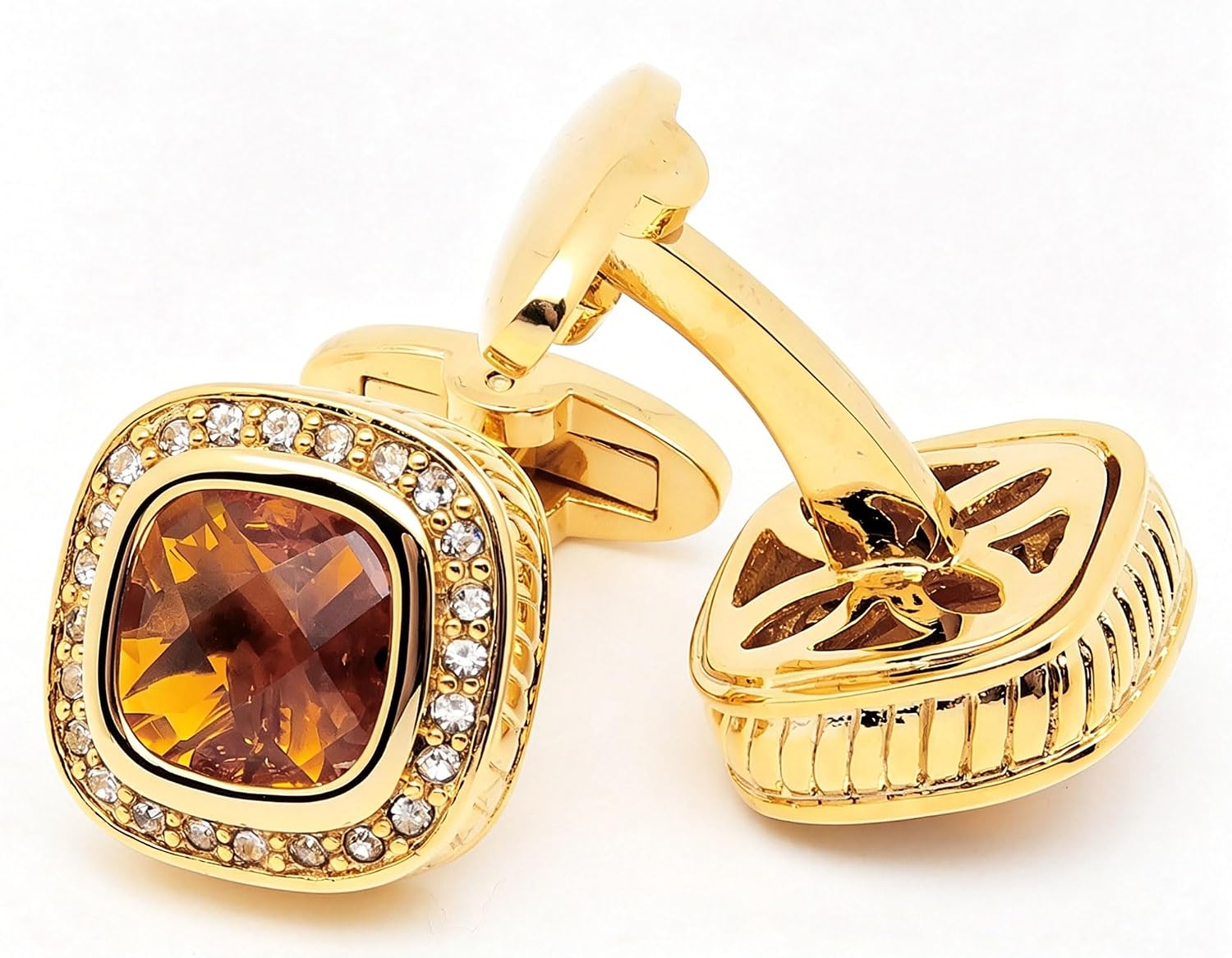 14K Gold Plated Brown Gem Stone Cufflinks for Men with Gift Case | Handmade Square Wedding Mens Crystal Cuff Links for French Shirt Party Formal Casual Anniversary Dress, Easy to Put On
