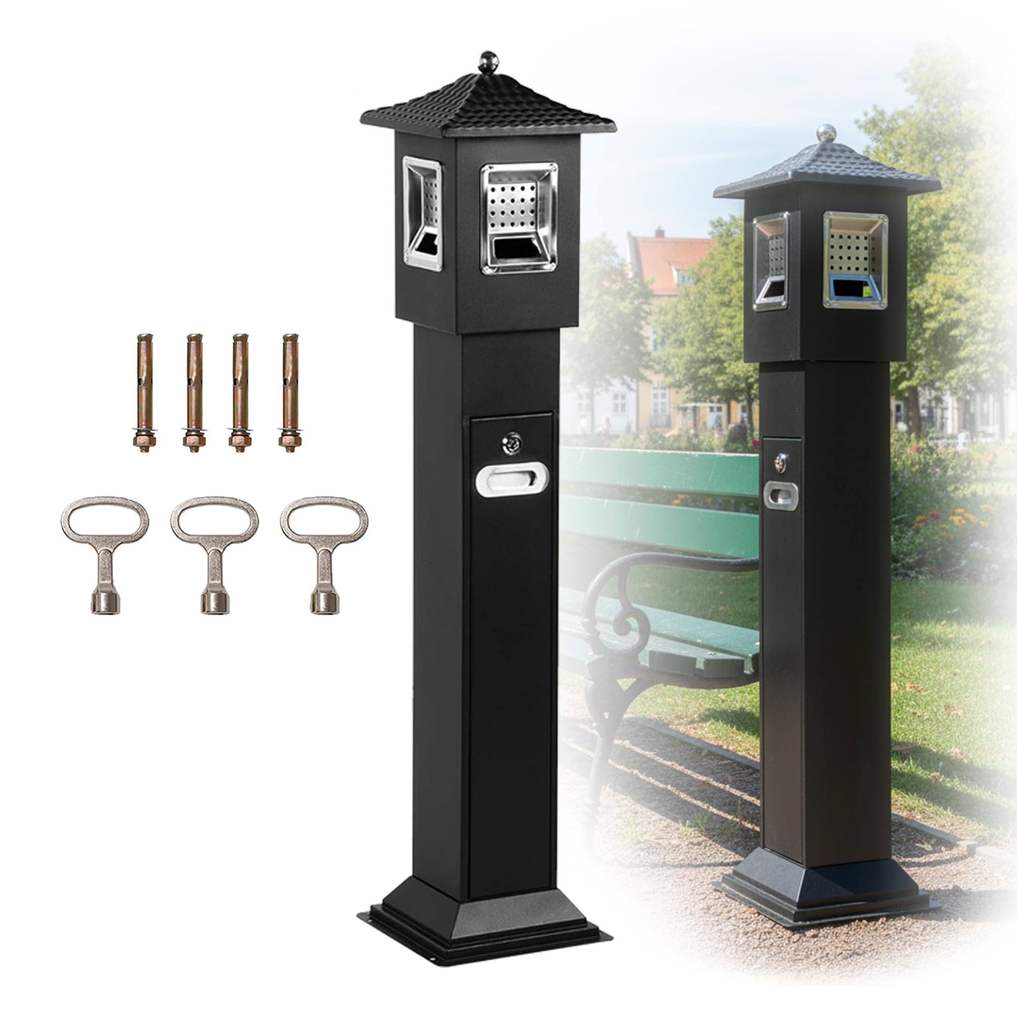 Cubo de basura de 120 cm para exteriores, de acero inoxidable, vertical, con 4 entradas, resistente al agua, con cubo interior de acero