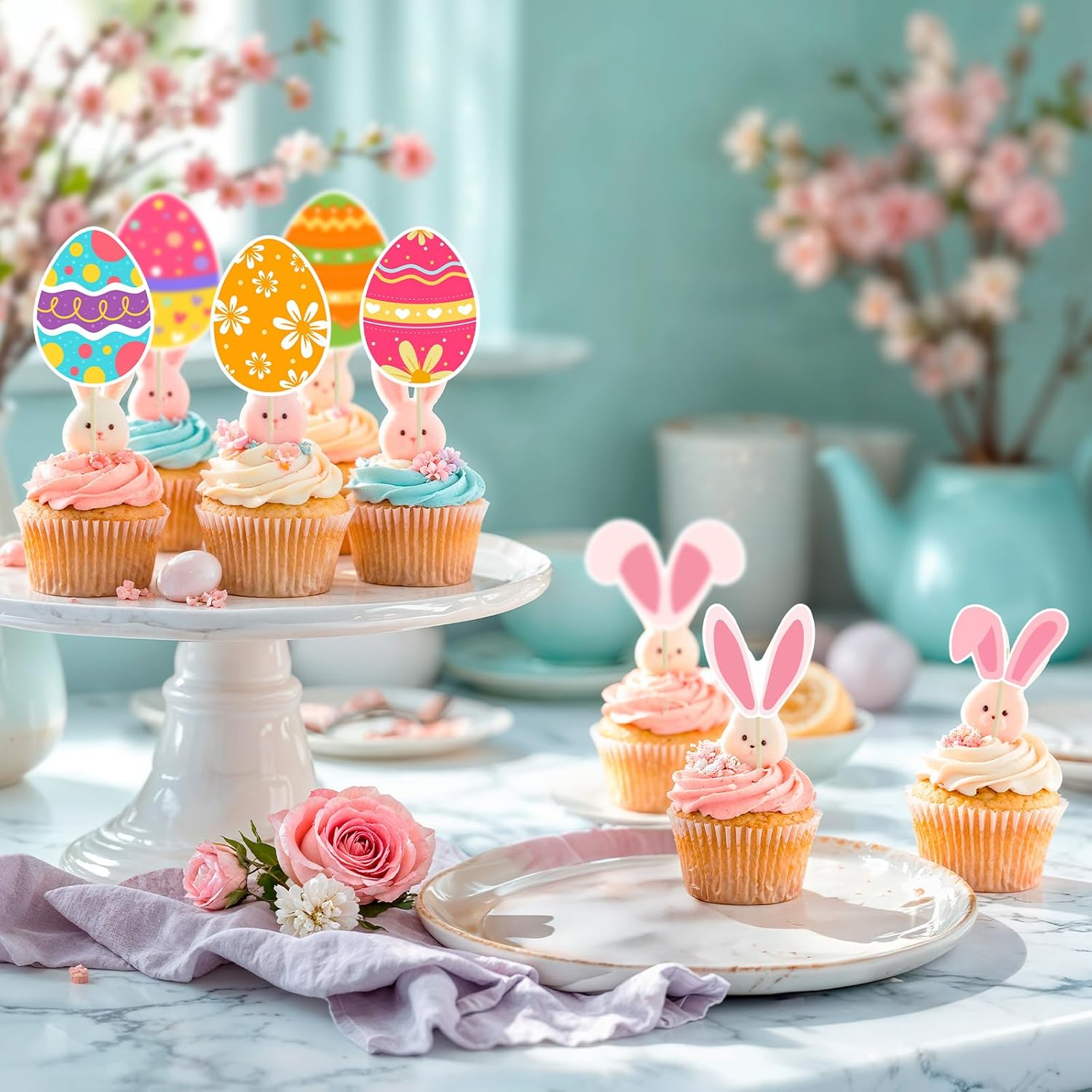 36pcs Easter Cupcake Toppers, 12 Kinds Easter Cake Topper Decorations, Paper Colorful Easter Eggs Bunny Ears Cake Topper Decor, Single Sided Printing Spring Party Decoration