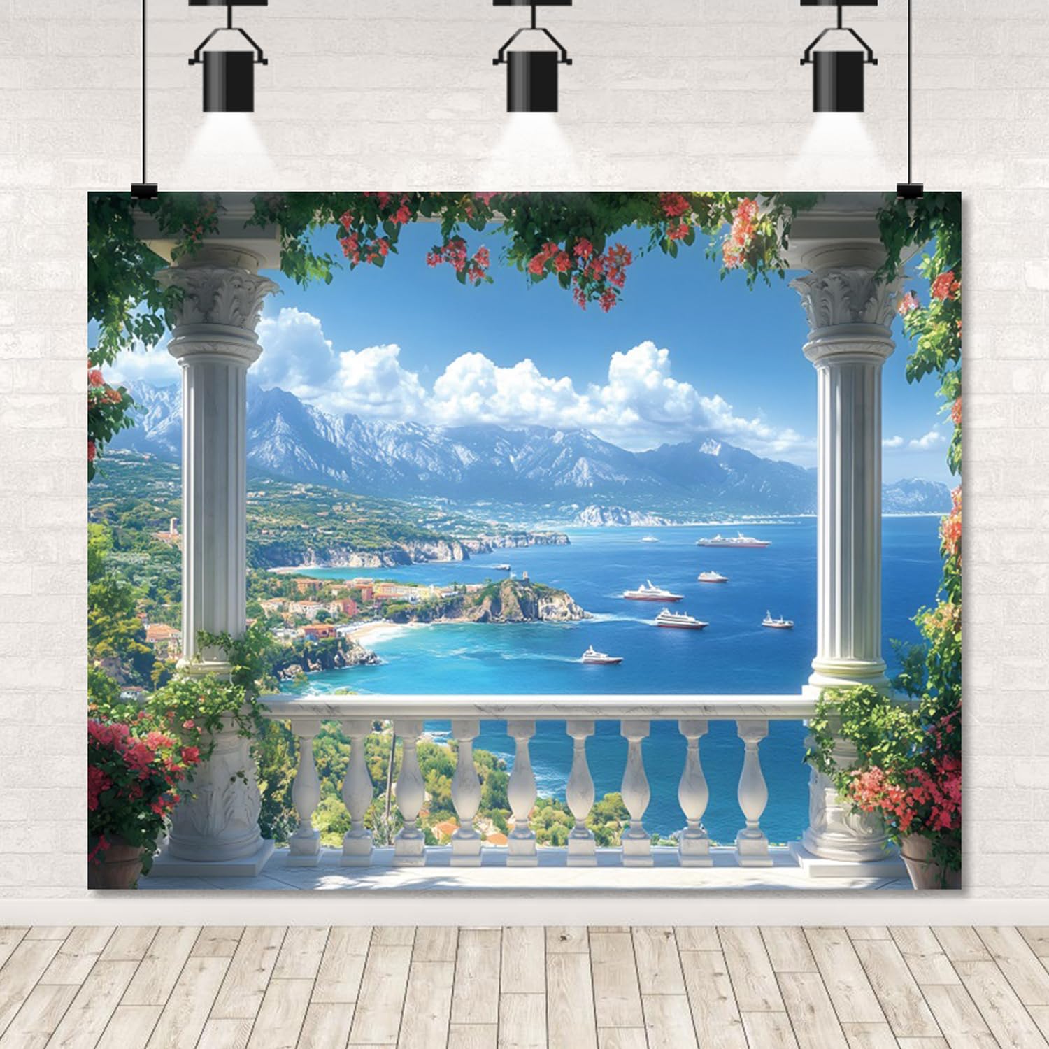 Italy Backdrop for Party 10x8ft Summer Beach Coastal Scenery Background Italy Garden Terrace Photo Backdrops Roman Italian Columns Background Photo