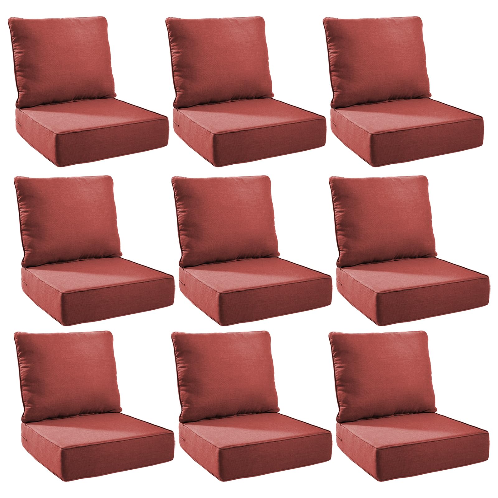 Outdoor Cushion Set for Patio Furniture, UV Resistant, Water Resistant - 6 Inch Thick Foam Garden Cushions – 22x24 Inch Patio Seat Covers for Chair/Sofa/Couch | Red | 9-Pack |