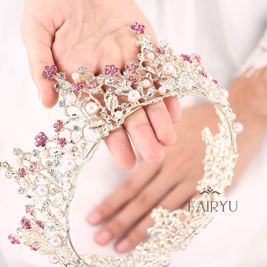 Fairyu Pearl Wedding Tiaras and Crown Bride Pink Flower Tiaras Baroque Wedding Tiara Hair Accessories for Women