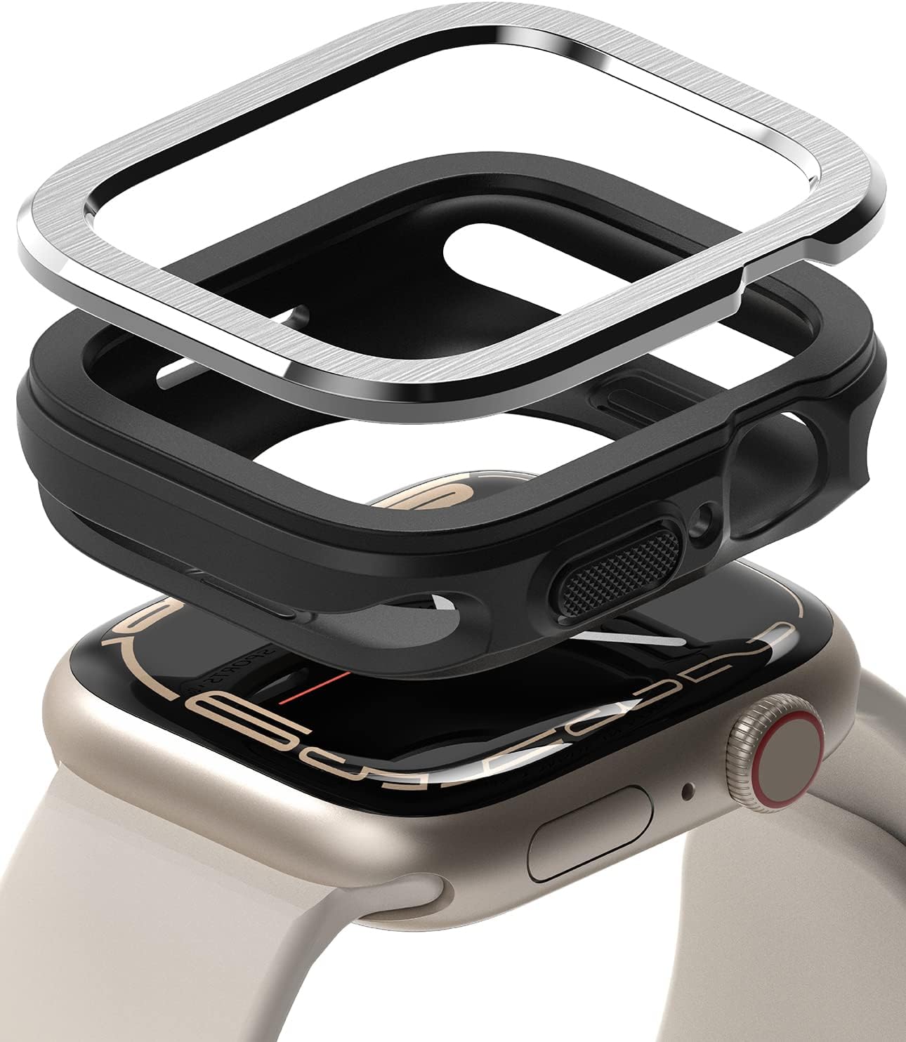 Ringke Air Sports + Bezel Styling for Apple Watch Series 9, 8, 7 (45 mm), SE 3, 2, 1 (44 mm) Case, TPU Cover with Stainless Steel Frame - Black / 30