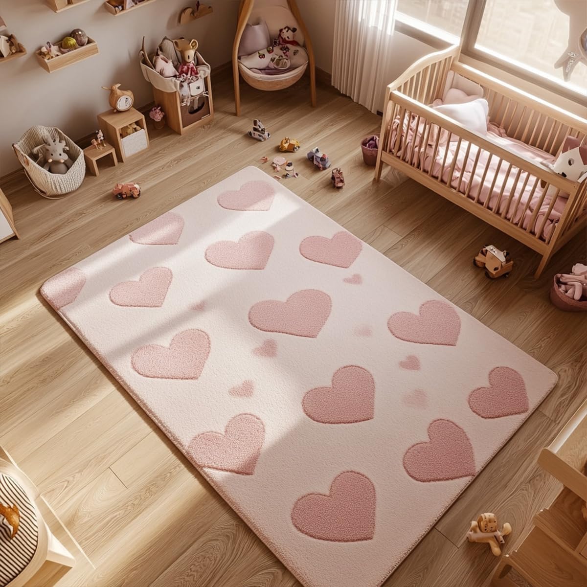 Bildenly Pink Rug for Bedroom Girls - 3x5 Rectangular Rug with Cute Heart Patterns, Plush Soft Baby Shaggy Bedside Indoor Floor Rugs, Non Slip Small Living Room Carpets, Trendy Decor for Girl Pink Heart 5 x 3 feet (Rectangular)