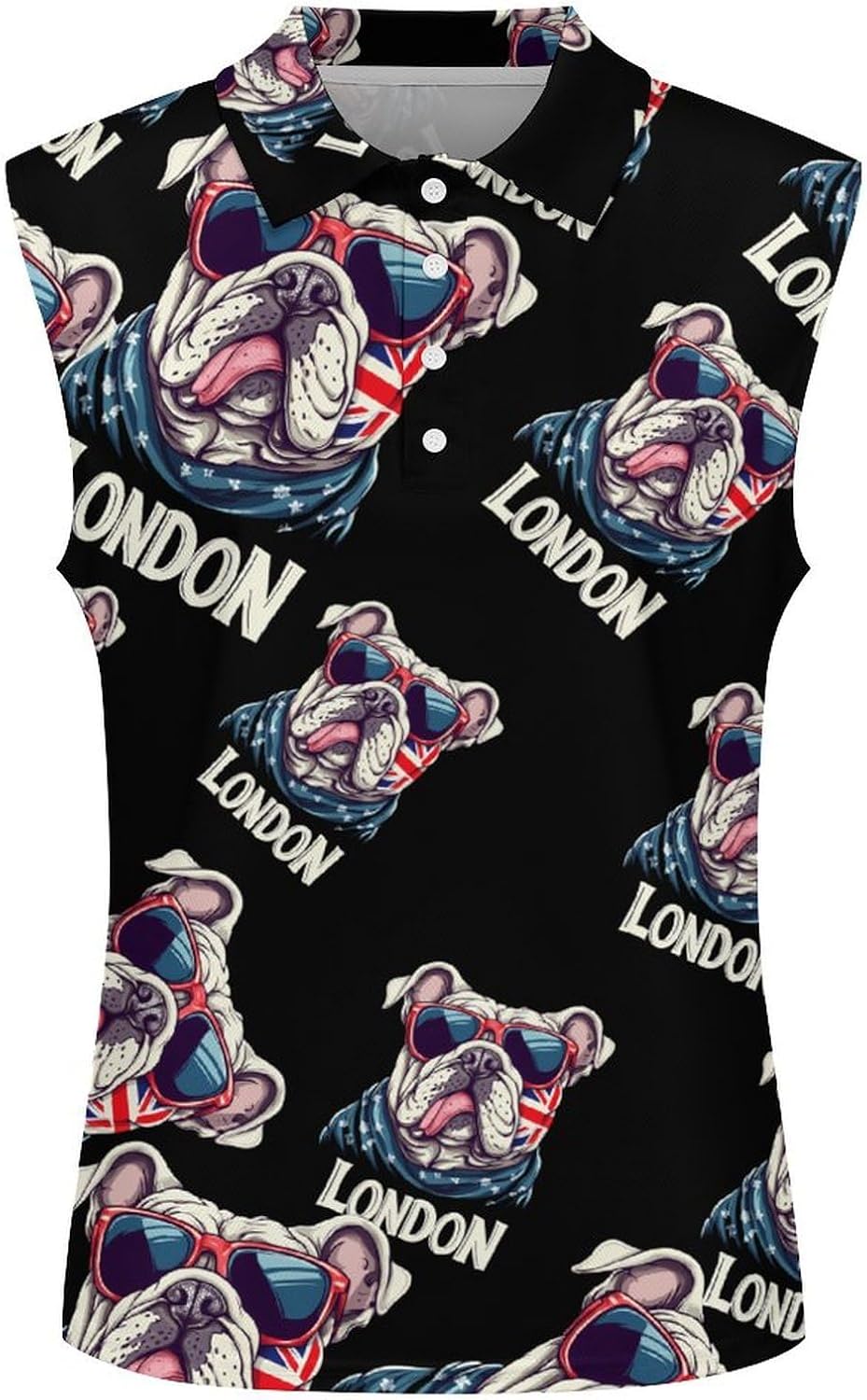 I Love London English Bulldog Eyesglasses Womens Golf Shirts Print Polo Shirt Sleeveless Tank Top Casual Work Blouses