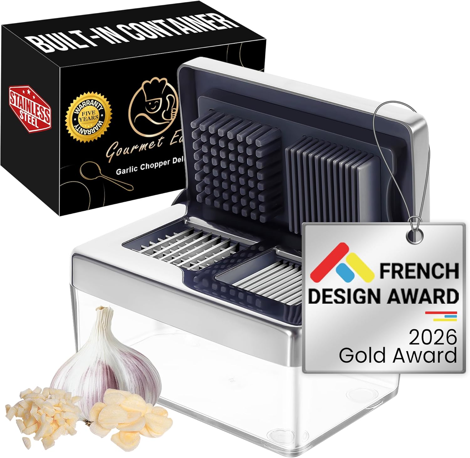 Gourmet Easy Garlic Press Chopper, 2-in-1 Slicer & Dicer, Fridge Friendly | Airtight Container Keeps Garlic and Ginger Fresh, Cleaning Seive Included, Stainless Steel, Dishwasher Safe, 5-Year Warranty