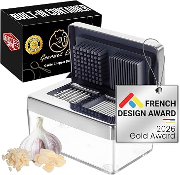Garlic Chopper, 2-in-1 Slice + Dice, Garlic Press Stainless Steel, Fridge Friendly, Ginger Dicer Air Tight Container, Dishwasher Safe Mini Chopper, Premium Mincer