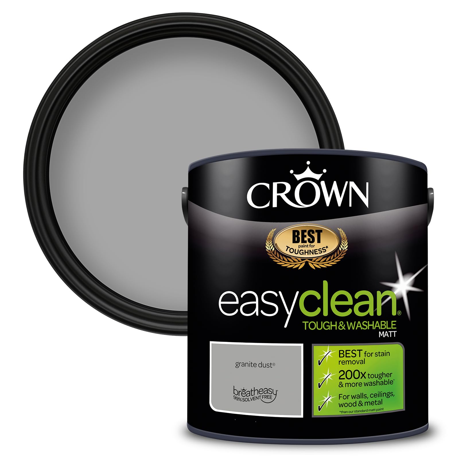 Crown Granite Dust - Washable Matt Emulsion Paint for Walls and Ceilings - Stain Resistant - Mid Grey Finish - Hallway and Playroom - Water Based, Low Odour Paint - 2.5L