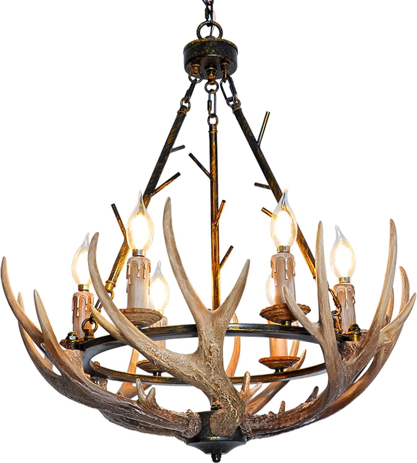 Debemenes Rustic Antler Chandelier 6 Lights, Farmhouse Chandeliers with Resin 6 Antlers and Retro Metal Wagon Wheel Chandelier Vintage Style for Dining Room, Kitchen, Island, Living Room UL Listed
