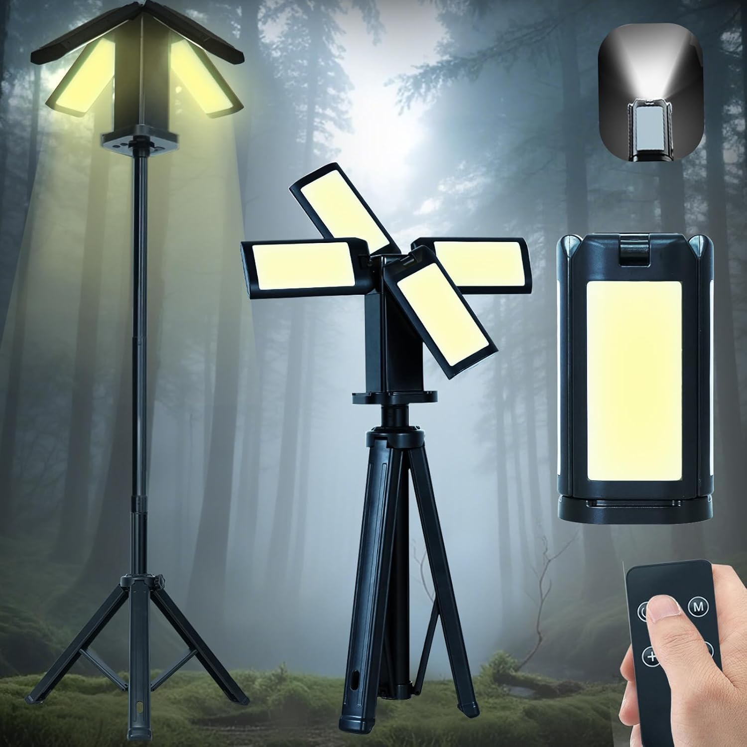 Portable Telescopic Camping Light With Stand Rechargeable Work Light 14000mAh Dimmable 4 Led Heads 6000LM IPX5 Waterproof Flashlights For Outdoor Work, Power Outages, Fishing, Camping & Emergencies