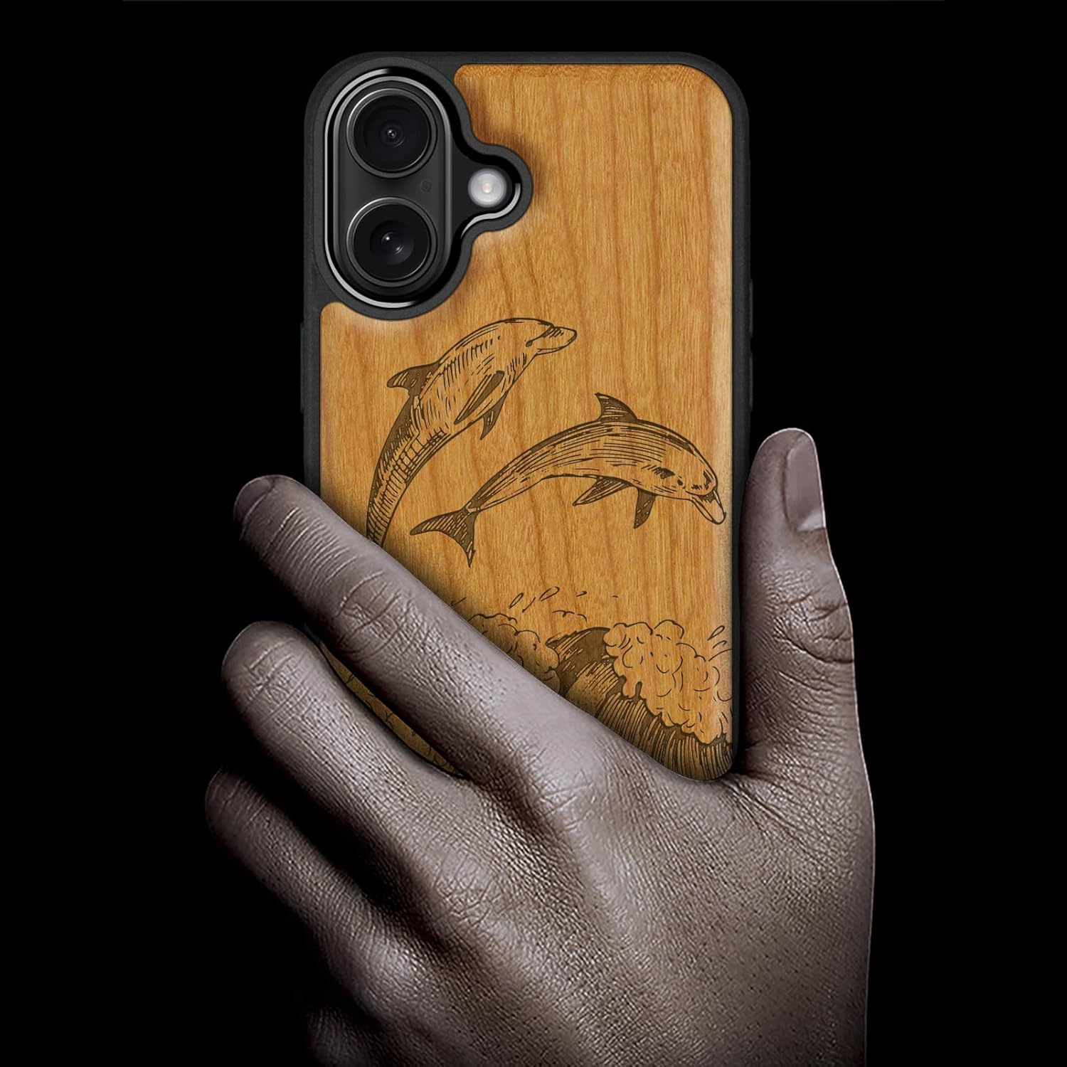 Carveit Magnetic Wooden Case for iPhone 17 Case, Wood Artisan Engraved & Black Soft TPU Shockproof Cover, Compatible with MagSafe Wireless Chargers (Dolphins in The Waves) Cherry