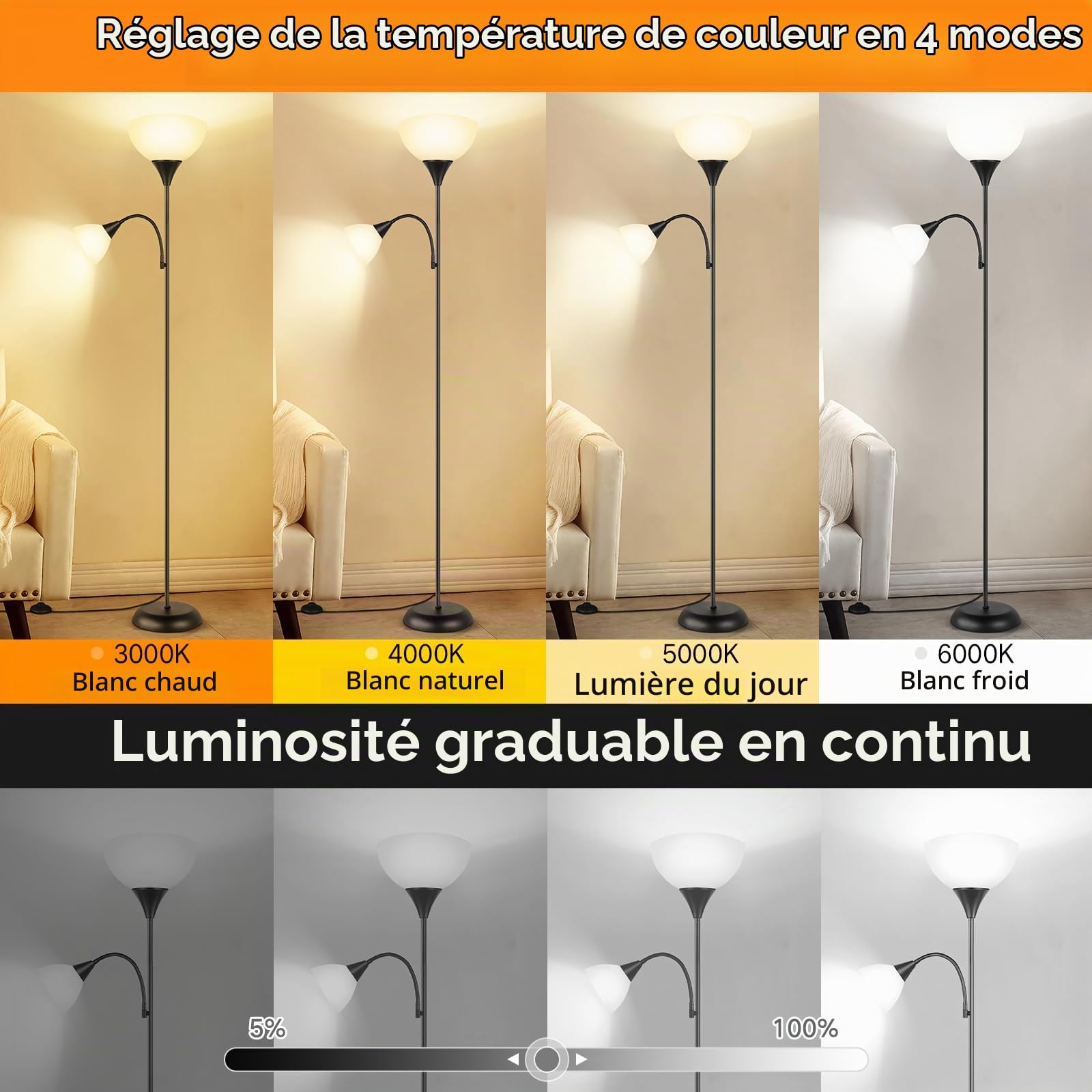 OUTON Lampadaire LED avec télécommande, 4 températures de couleur, luminosité réglable, minuterie, moderne lampadaire torchère avec lampe de lecture pour le salon, la chambre à coucher, le bureau