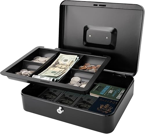 Jssmst Caja de Efectivo Grande con Cerradura de Llave - Caja de Efectivo de Metal Duradera con Bandeja para Dinero, 11.81 x 9.84 x 3.46 pulgadas