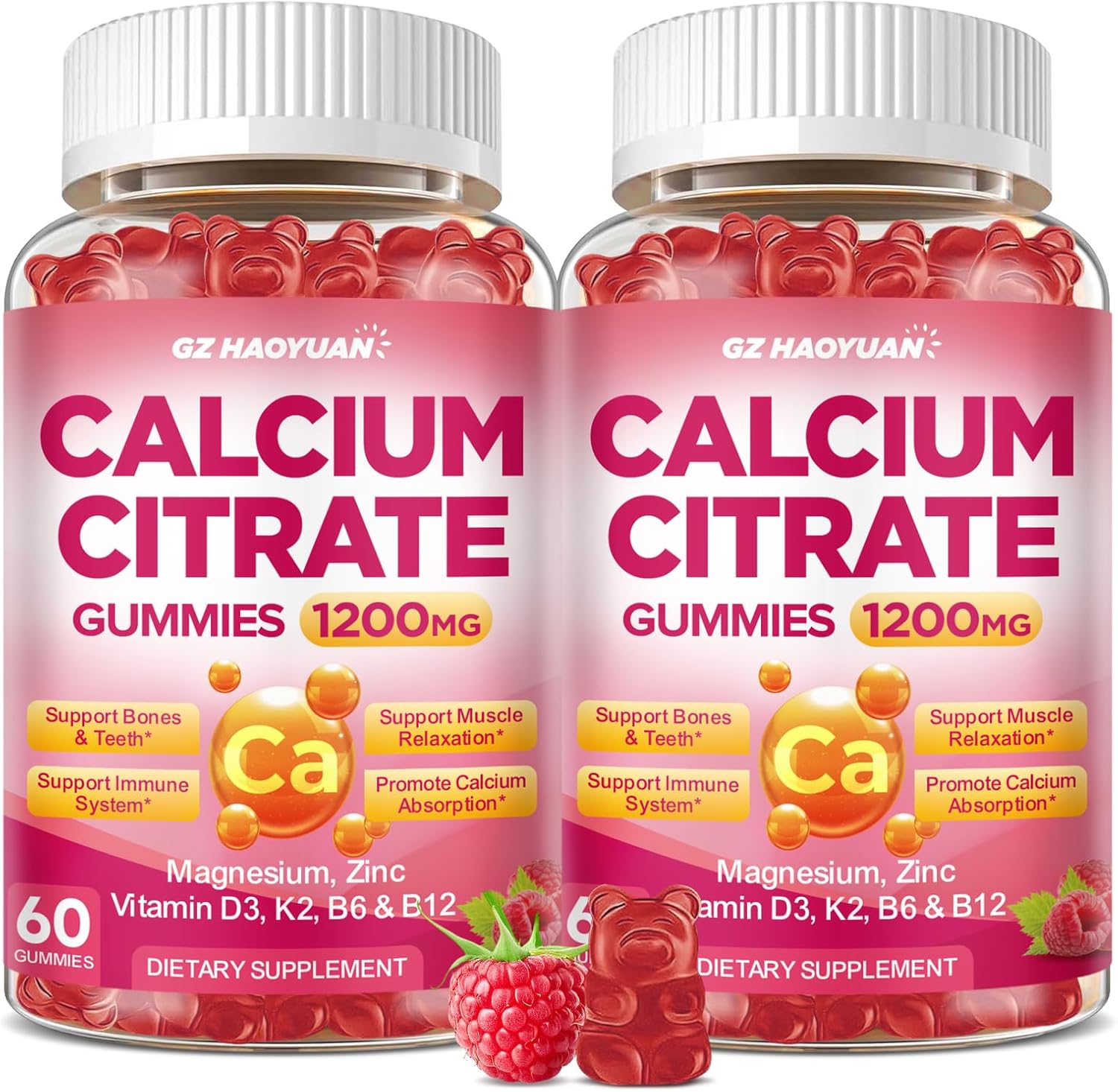 Calcium Citrate Gummies - 1200mg Calcium Gummies Supplements for Women & Men with Vitamin D3, K2, Magnesium, Zinc High Absorption for Bone, Muscle & Immune Support, Raspberry Flavor, 120 Count