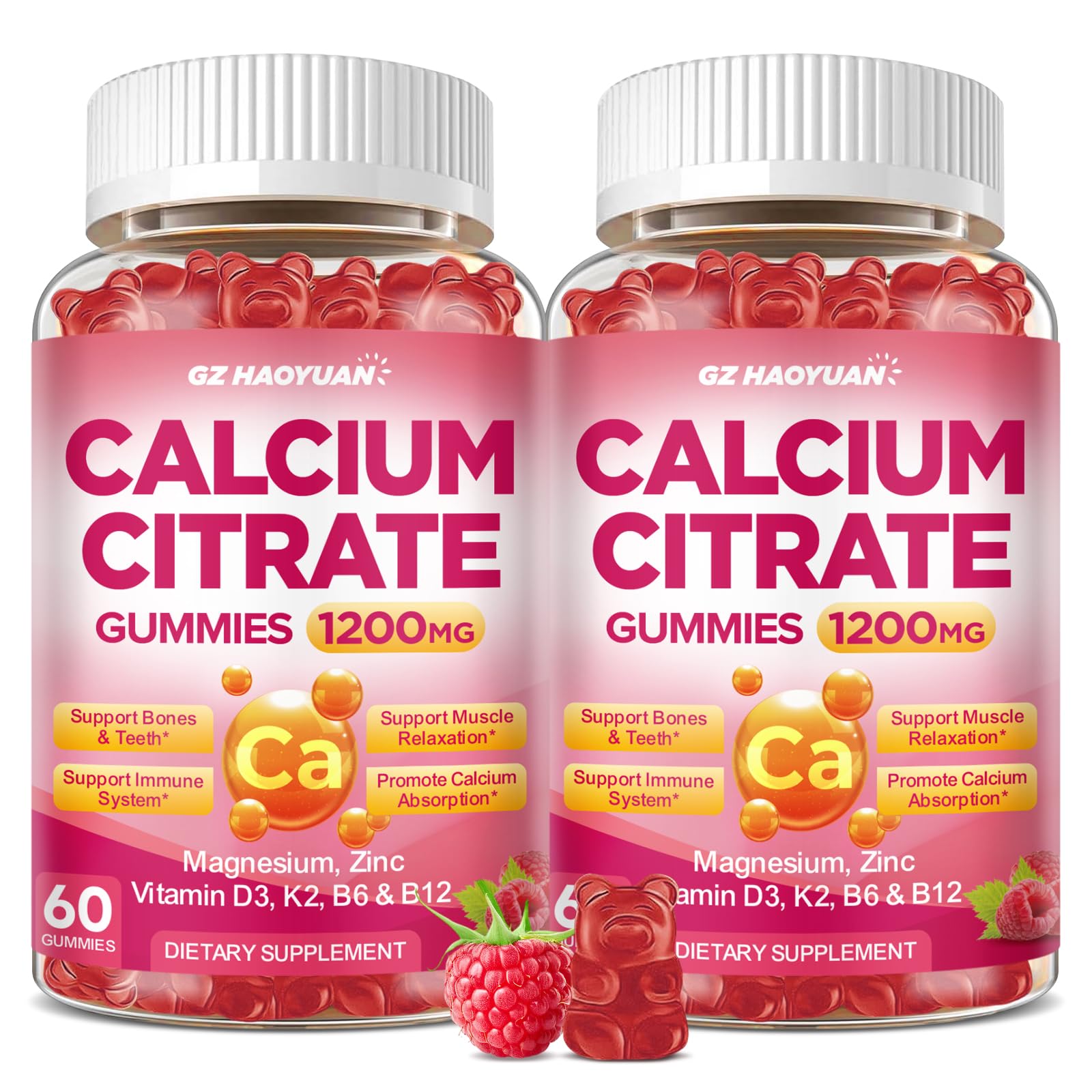 Calcium Citrate Gummies - 1200mg Calcium Gummies Supplements for Women & Men with Vitamin D3, K2, Magnesium, Zinc High Absorption for Muscle & Immune Support, Raspberry Flavor, 60 Count Raspberry 60 Count (Pack of 2)