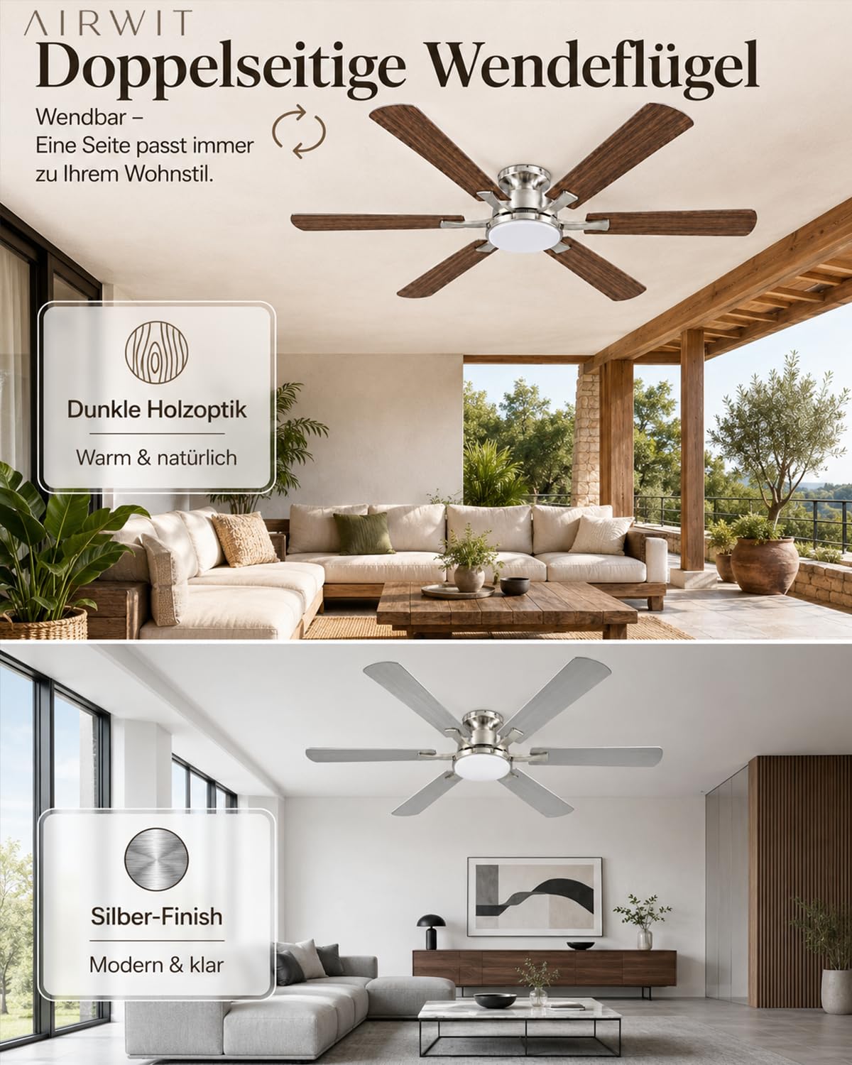 Airwit 132 cm Deckenventilator mit Beleuchtung und Fernbedienung, Deckenventilator mit Licht, leiser DC-Motor, 6 Geschwindigkeiten, dimmbare LED, Timer, Sommer-/Winterbetrieb, Walnuss/Silber