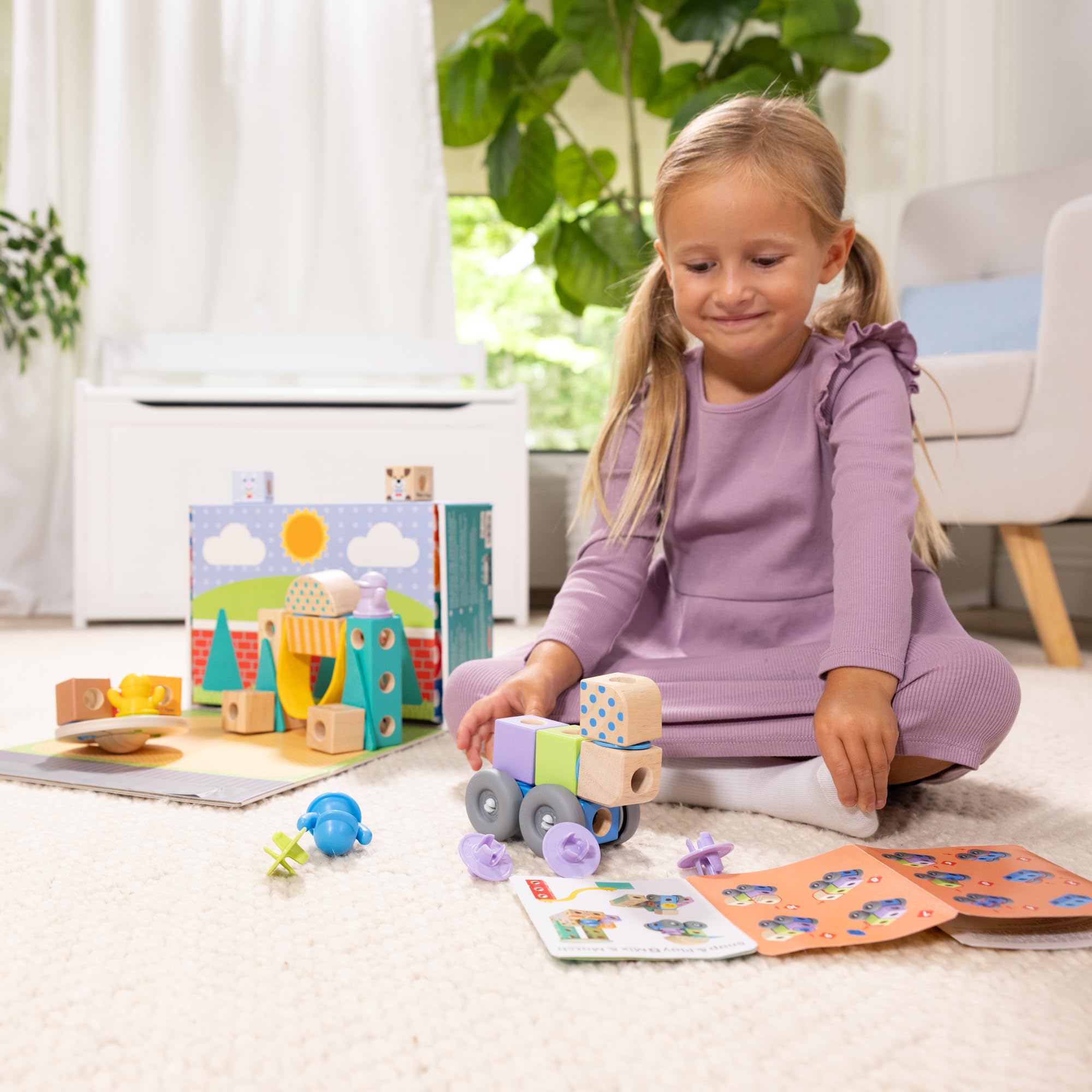 Melissa & Doug Blokowane do gniazda, miasto, drewniane klocki do montażu i mieszania, dla małych dzieci (73 sztuki)