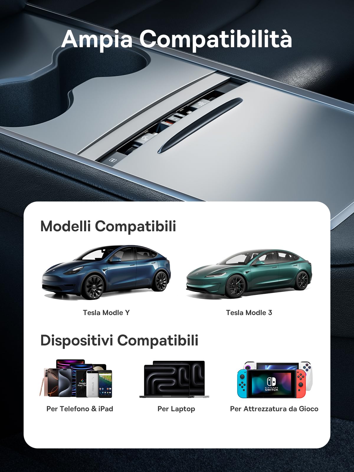 Baseus Hub USB 45W per Tesla Model Y e Model 3 2021 2022 2023, Caricabatteria Auto Multiporta 4 in 1, Docking Station con Hub Estraibile e Cavo di Ricarica Rapida, Accessori Model 3 e Model Y