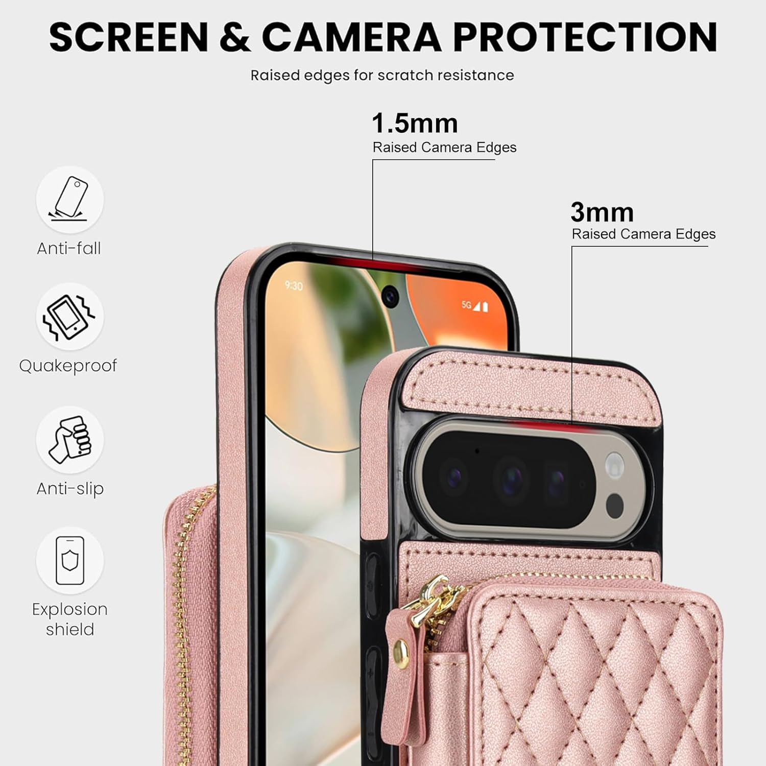 Asuwish Phone Case for Google Pixel 9/9 Pro/10/10 Pro 5G Wallet Cell Cover with Tempered Glass Screen Protector Wrist Strap RFID Blocking Card Holder Pixel9 9Pro/Pixel10 10Pro Nine Ten Women Rose Gold