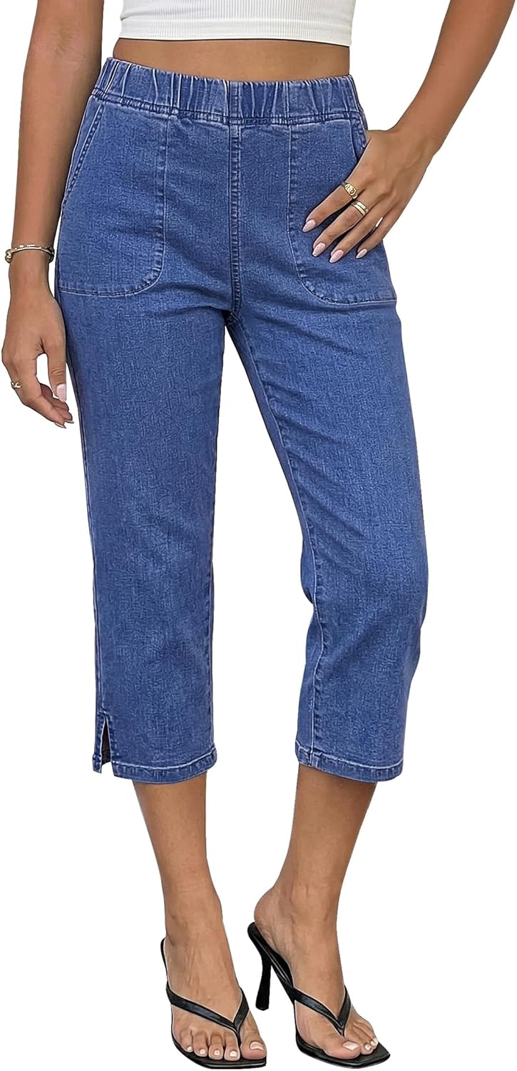 luvamia Capri Jeans for Women Trendy Pull On Elastic Waist High Rise Side Split Stretchy Relaxed Fit Denim Capris Pants