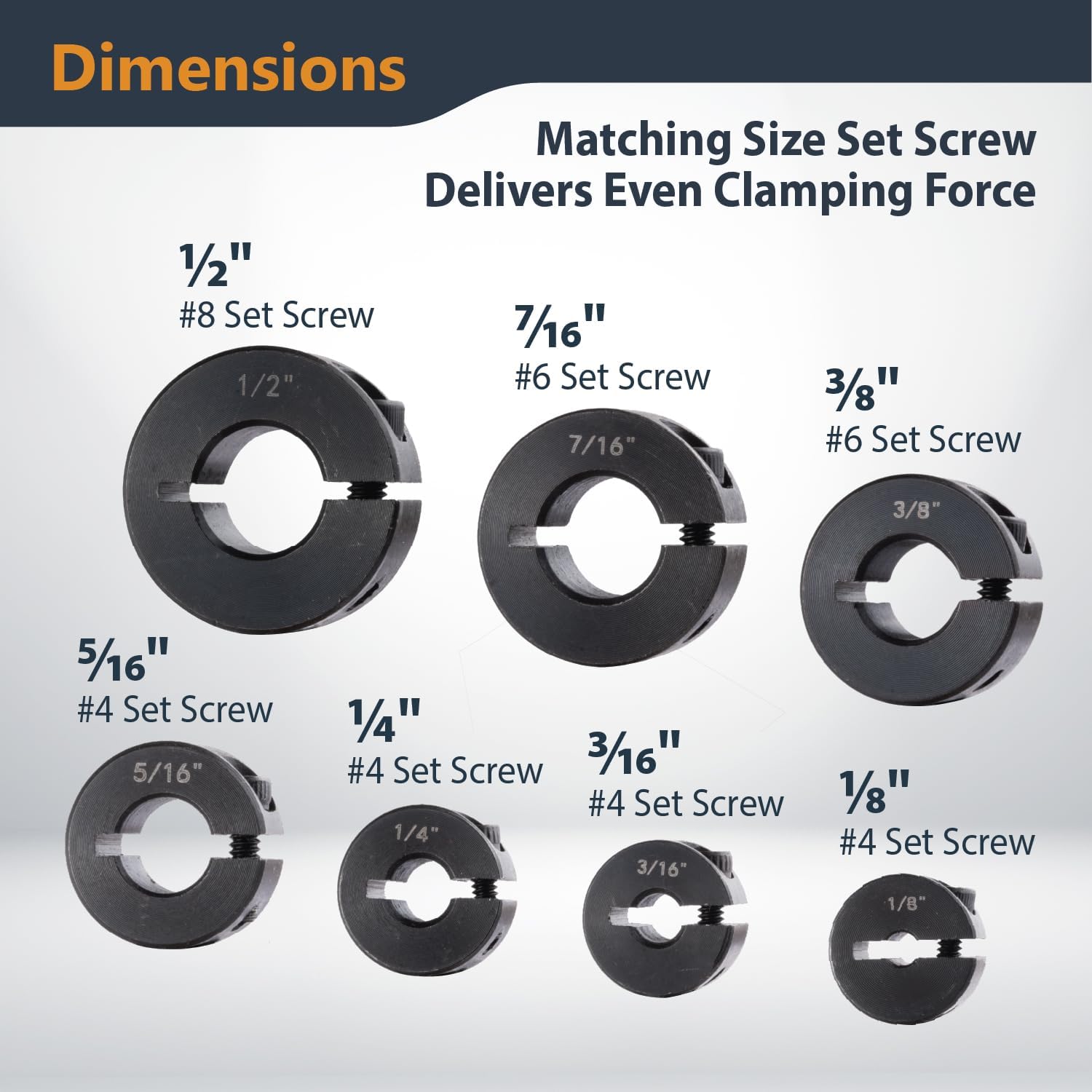 POWERTEC Drill Bit Stop Collar Set, 7 Piece Set Adjustable Drill Bit Depth Stopper with Allen Wrench, Bits Stop with Imperial System Size Markings - 1/8", 3/16", 1/4", 5/16", 3/8", 7/16", 1/2” (72294)