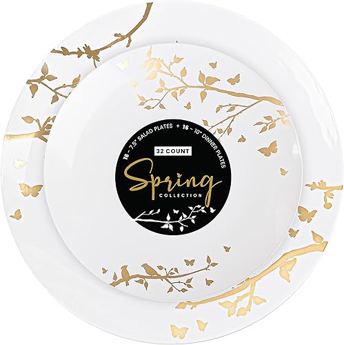 Plasticpro Platos de fiesta de diseño de plástico blanco de alta calidad, pesados y elegantes platos desechables (32, colección primaveral dorado)