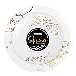 Plasticpro White Plastic Design Party Plates Premium heavyweight Elegant Disposable Tableware Dishes (64, Spring Collection Gold)