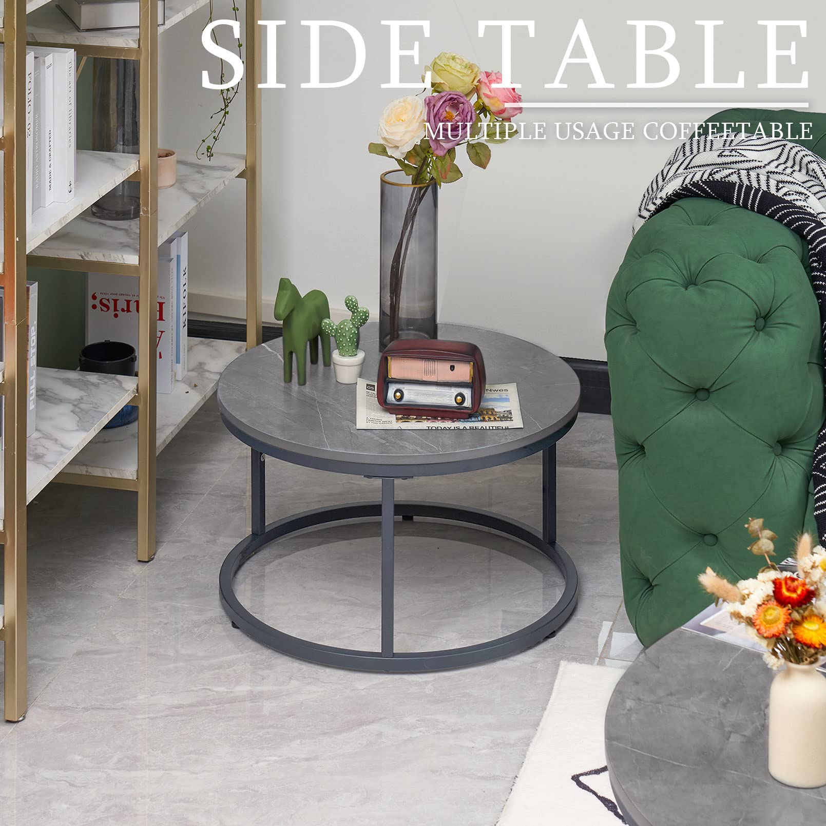 Couchtisch Rund 2er Set, Grau Marmor Couchtisch mit Grau Metallgestell, Beistelltisch Rund, Wohnzimmertisch Modern, Satztische fürs Wohnzimmer Schlafzimmer Balkon