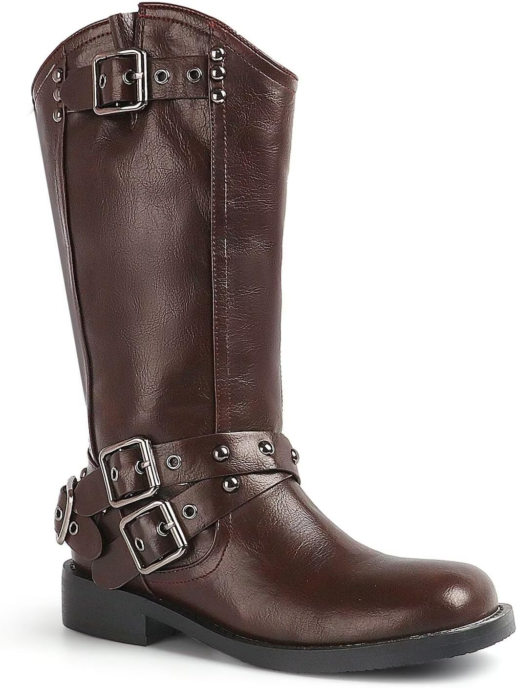 Agodor Women's Mid Calf Boots Chunky Low Heel Riding Buckle Boot for Women, Squared Toe Motorcycle Boots Slip On Riding Biker Booties