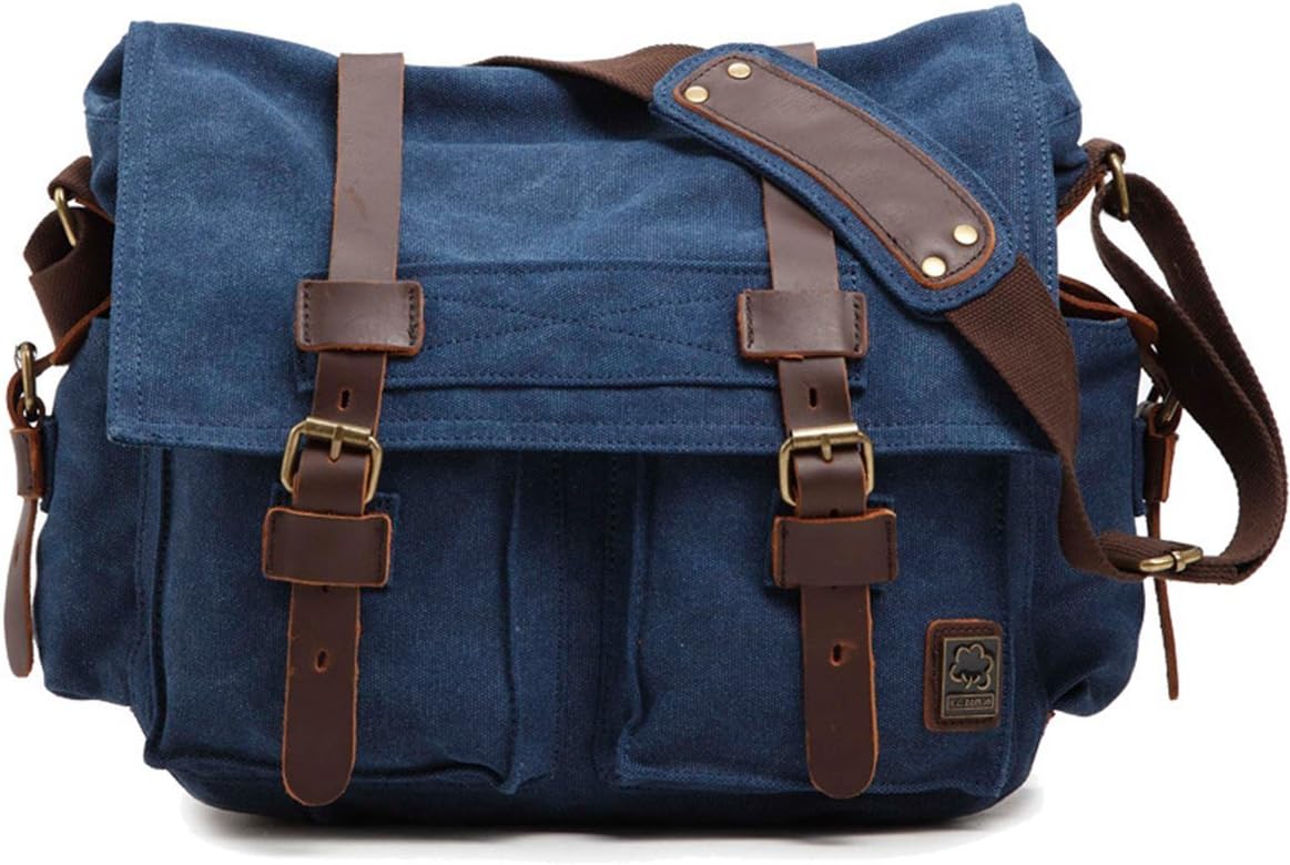 - Sechunk Vintage Military Leather Canvas Laptop Bag Messenger Bags Medium