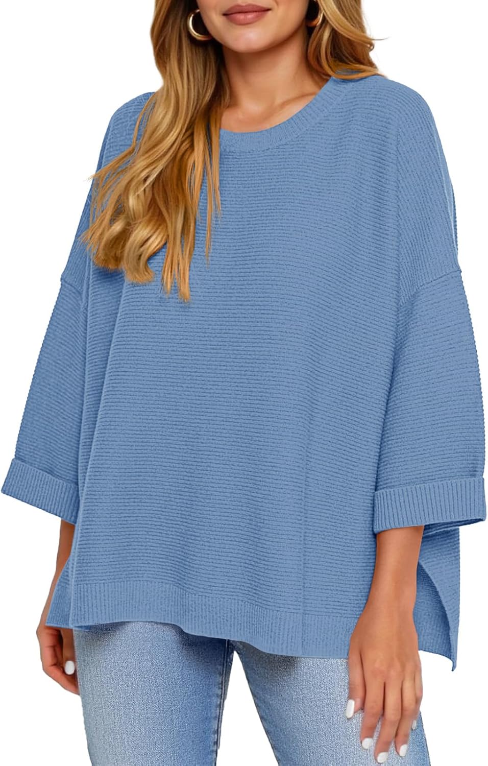 Tankaneo Women's Oversized Sweaters Casual 3/4 Long Sleeve Crewneck Ribbed Knit Split Tunics Fall Loose Pullover Tops