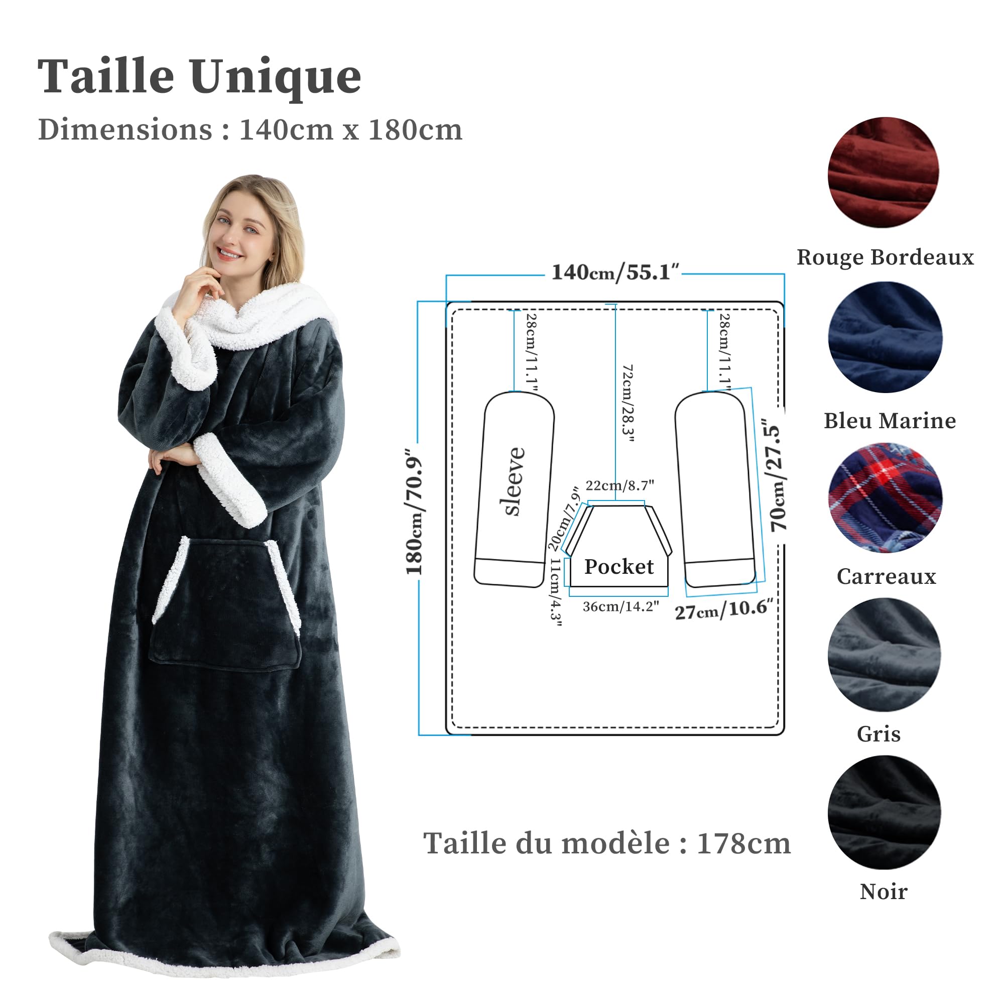Winthome Couverture Polaire avec Manche et Sac de Pied, Couverture Chaude avec Velcro, Plaid Canape pour Cadeaux, Hiver, Plaid avec Manche, Économies de Coûts de Chauffage