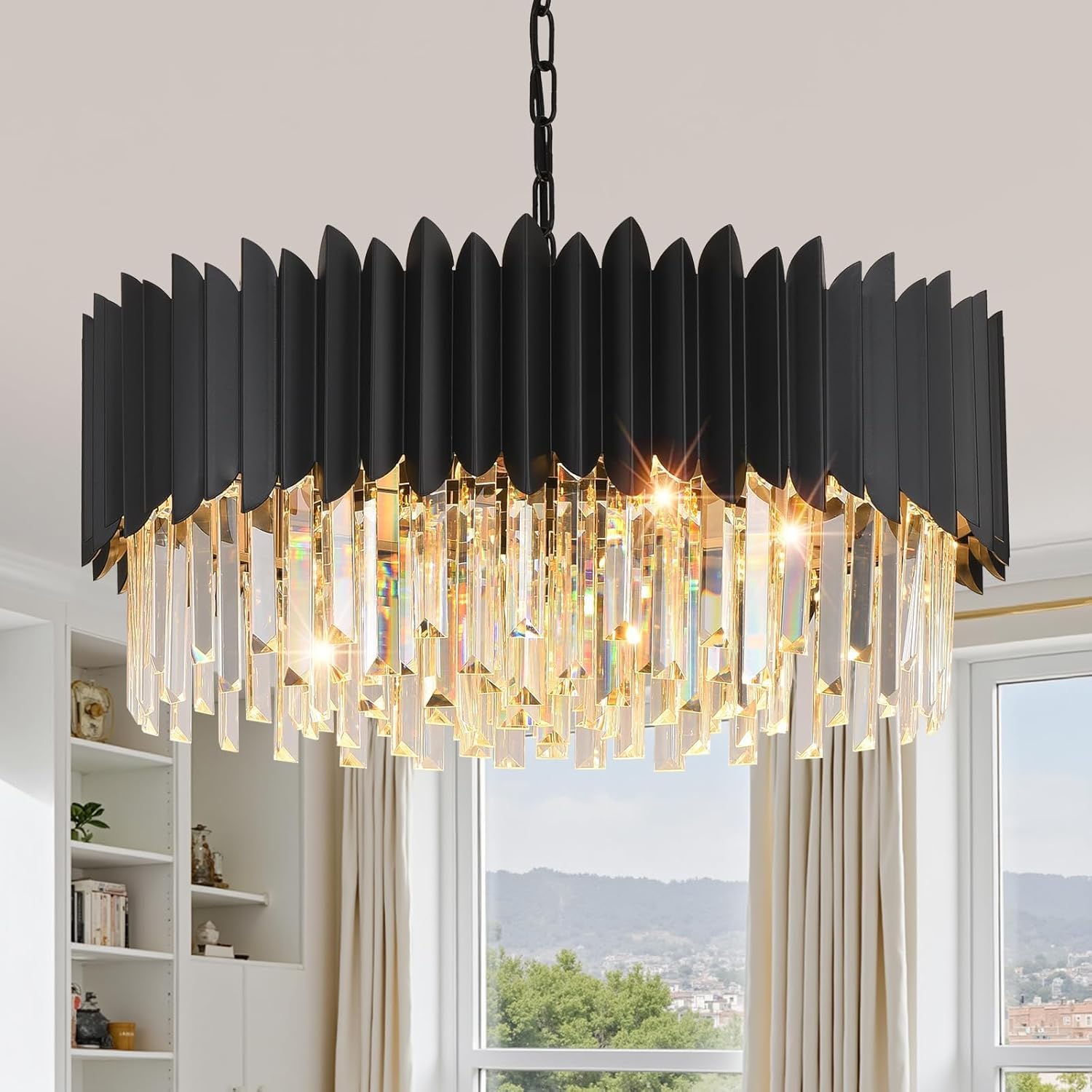 Luxury Modern Black Crystal Chandelier 23.6-inch 10-Light, 3-Tier Dimmable Ceiling Fixture with K9 Clear Crystals for Dining Room Living Room Bedroom Foyer