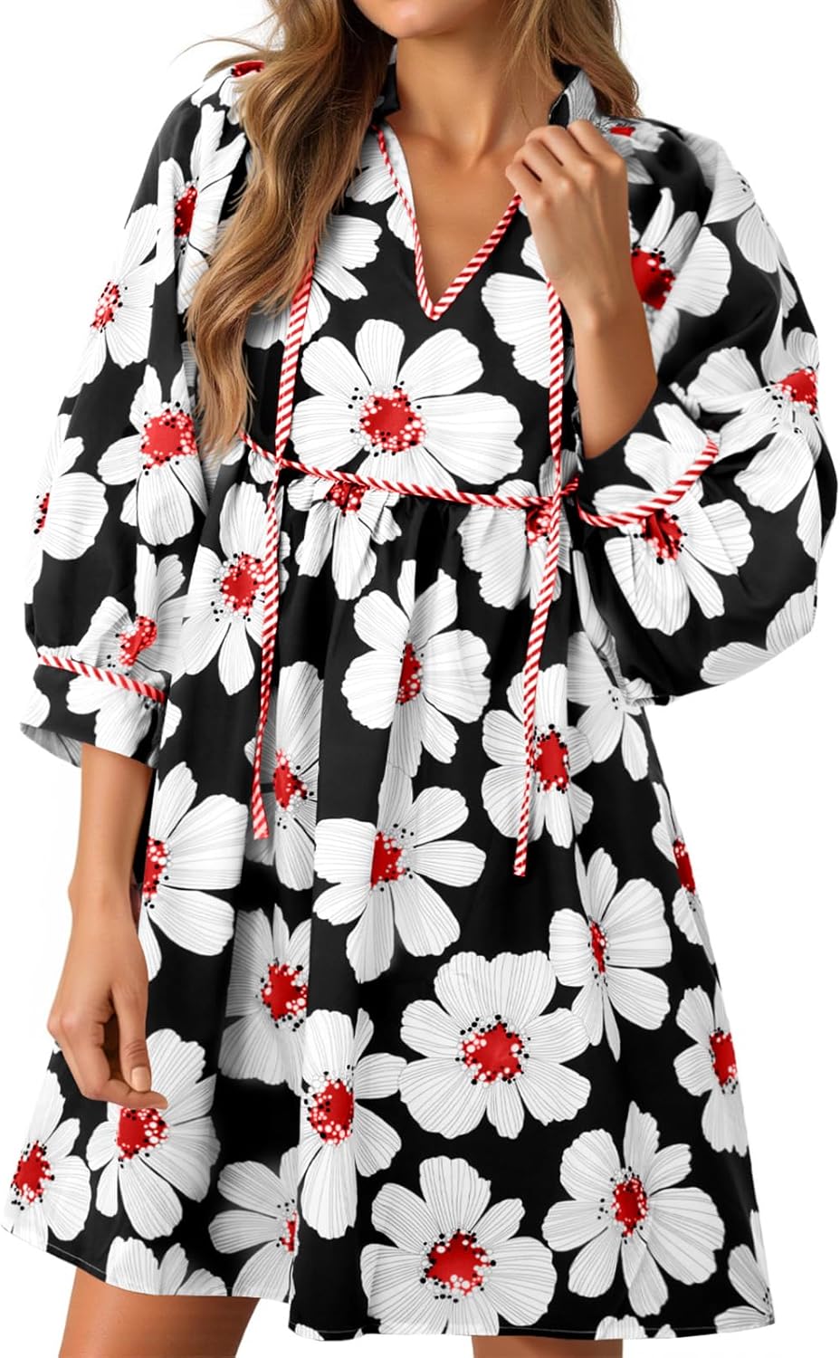 Cicy Bell Womens Floral Mini Dresses 3/4 Balloon Sleeve V Neck Flowy Babydoll Dress Summer Beach Vacation Boho Outfits