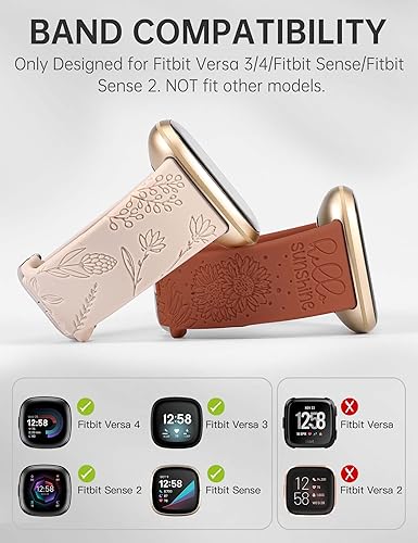 Miniatura 3 de Minyee Paquete de 2 correas grabadas florales compatibles con Fitbit Versa 4Versa 3Sense 2Sense Band para mujer, lindo diseño de girasol de diente