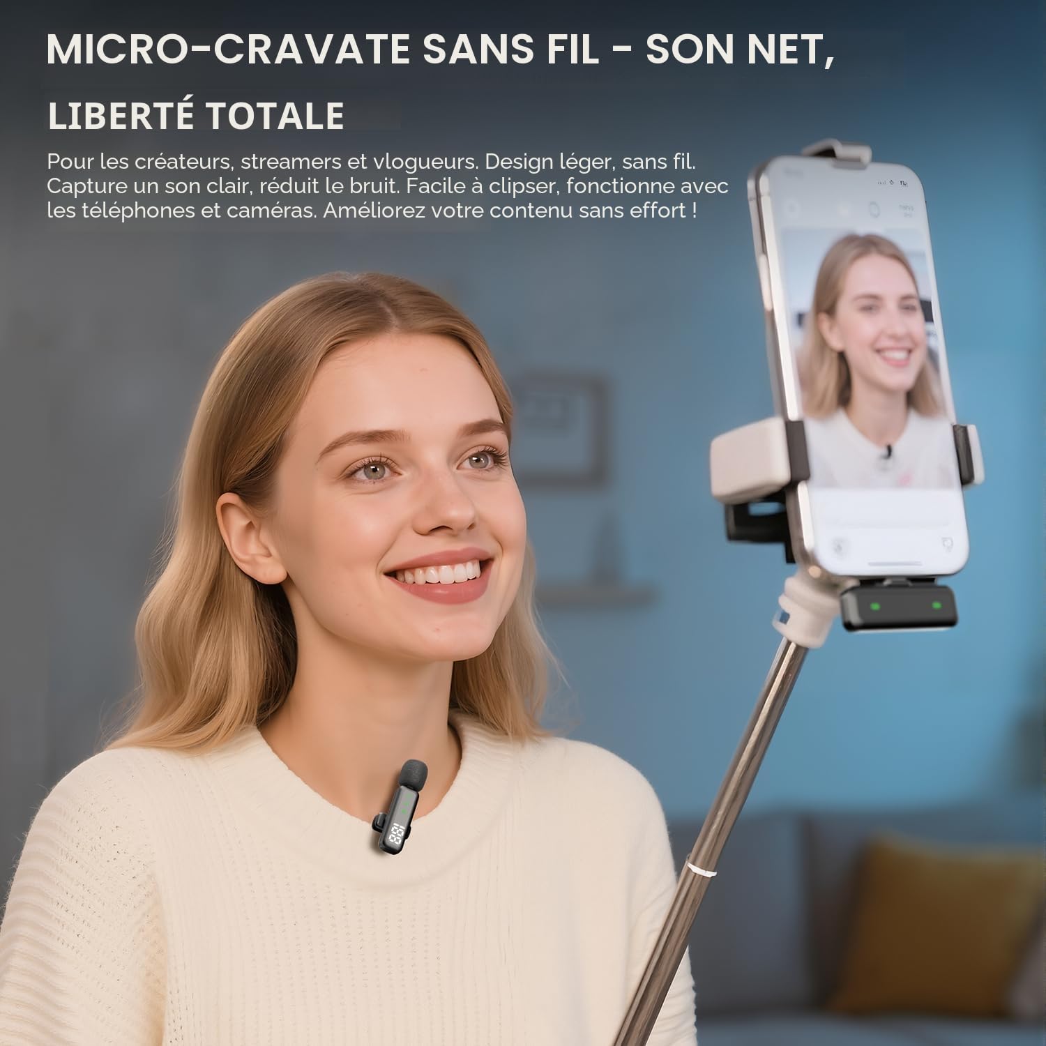 Microphone Lavalier sans fil avec affichage LED, microphone Lavalier à clip avec réduction du bruit pour enregistrement vidéo, Tiktok, Youtube, créateur de contenu de podcast Vlog (noir)