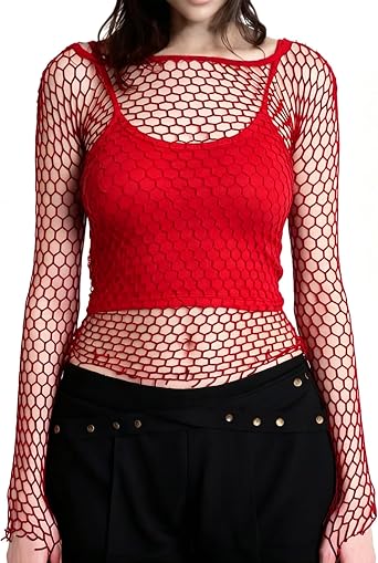 Honeycomb Mesh Long Sleeve Tops Tight Fitting Hex Fishnet Blouse T Shirts for Rave Women Men